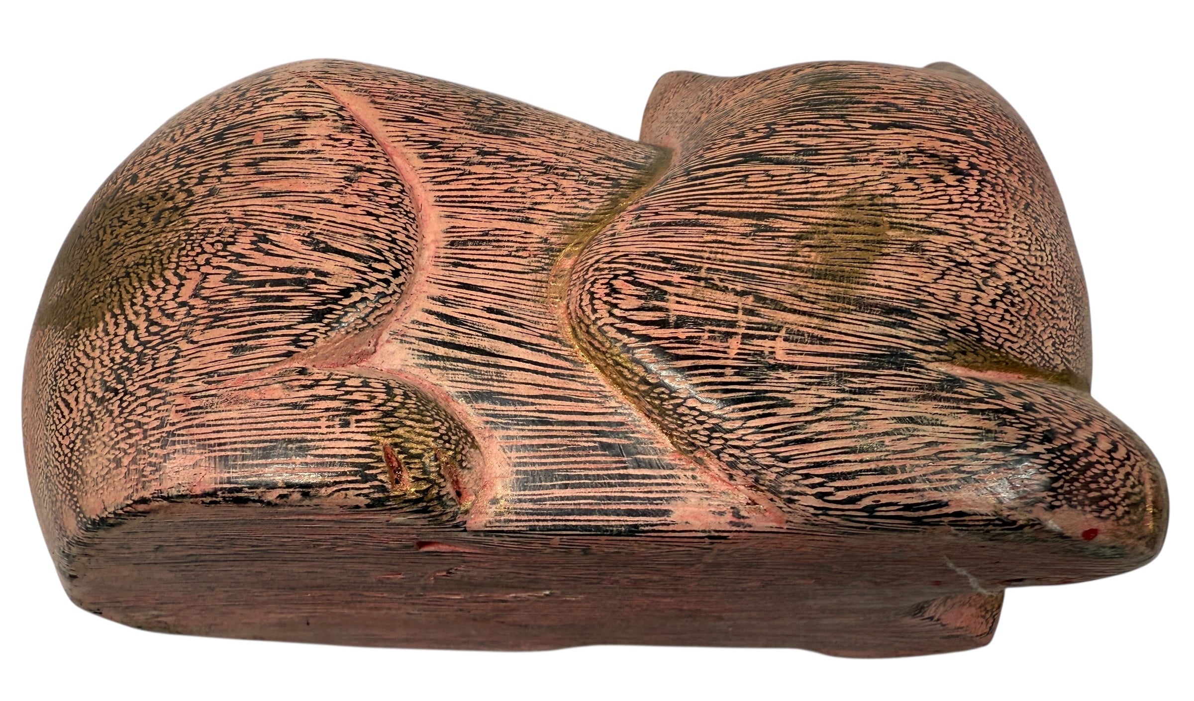 Hand-carved wooden cat sculpture in folk art style. Solid wood, decorative carved texture, warm natural finish. Unique décor piece for cat lovers.