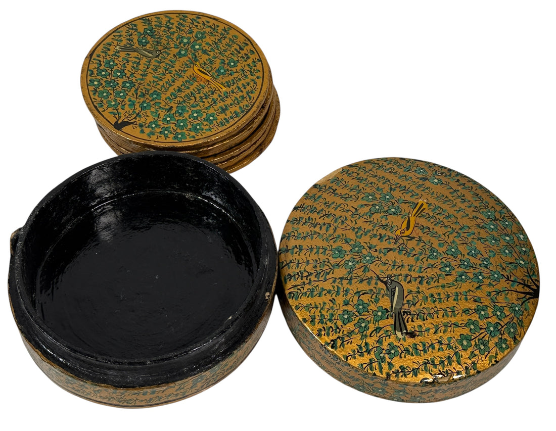 Vintage Kashmiri Papier-Mâché Box with Coasters – Hand-Painted Birds