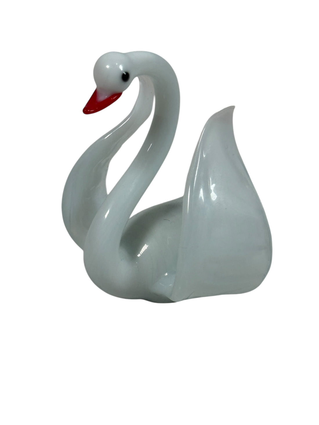 Murano-style art glass swan family set with opaline bodies and amber wings. Decorative 5-piece vintage-style glass display.