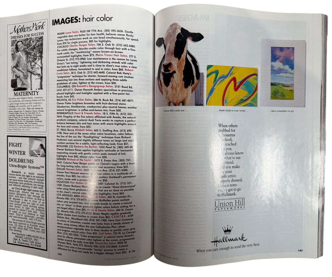 Vintage Vogue February 1991 issue featuring Claudia Schiffer, GUESS editorial, and iconic early 90s fashion and Absolut Chicago advertising.
