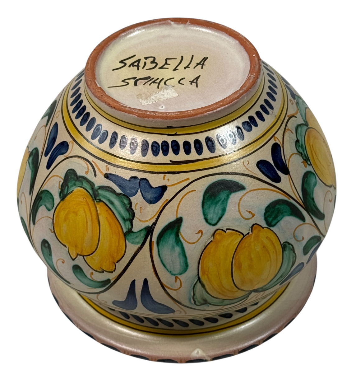 Hand-painted Spanish ceramic planter in blue and yellow majolica style. Vintage decorative cachepot with folk-art charm, ideal for plants or display.