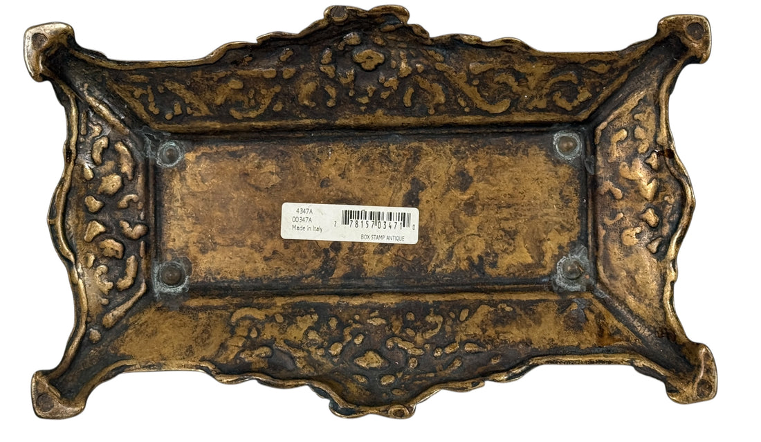 Vintage Italian cast metal desk stamp box in antique Victorian style with divided interior and aged bronze finish. Decorative postal desk accessory.