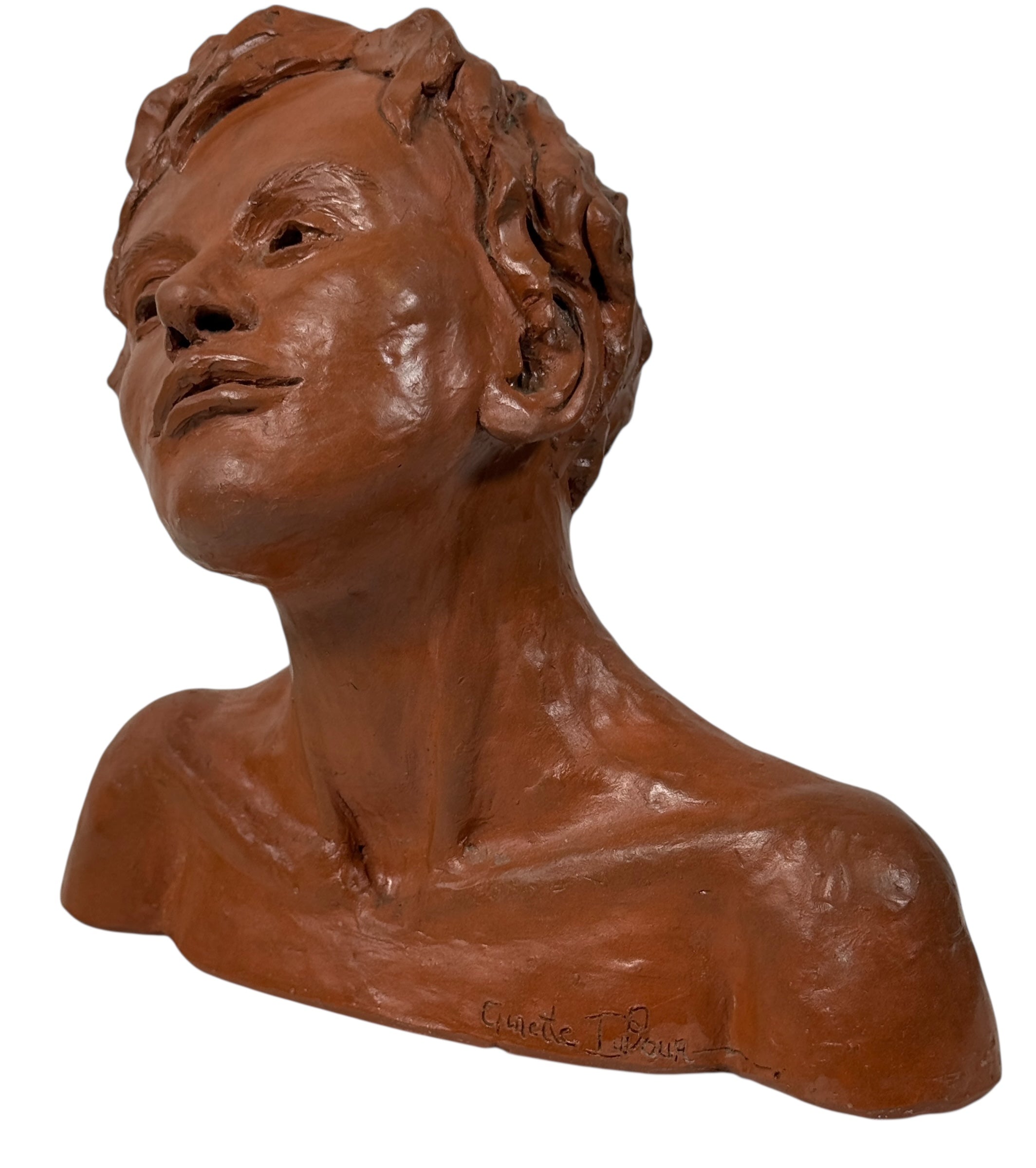 Original terracotta bust sculpture Moments de grâce by Ginette Dufour. Canadian contemporary figurative art with expressive detail and gallery presence.