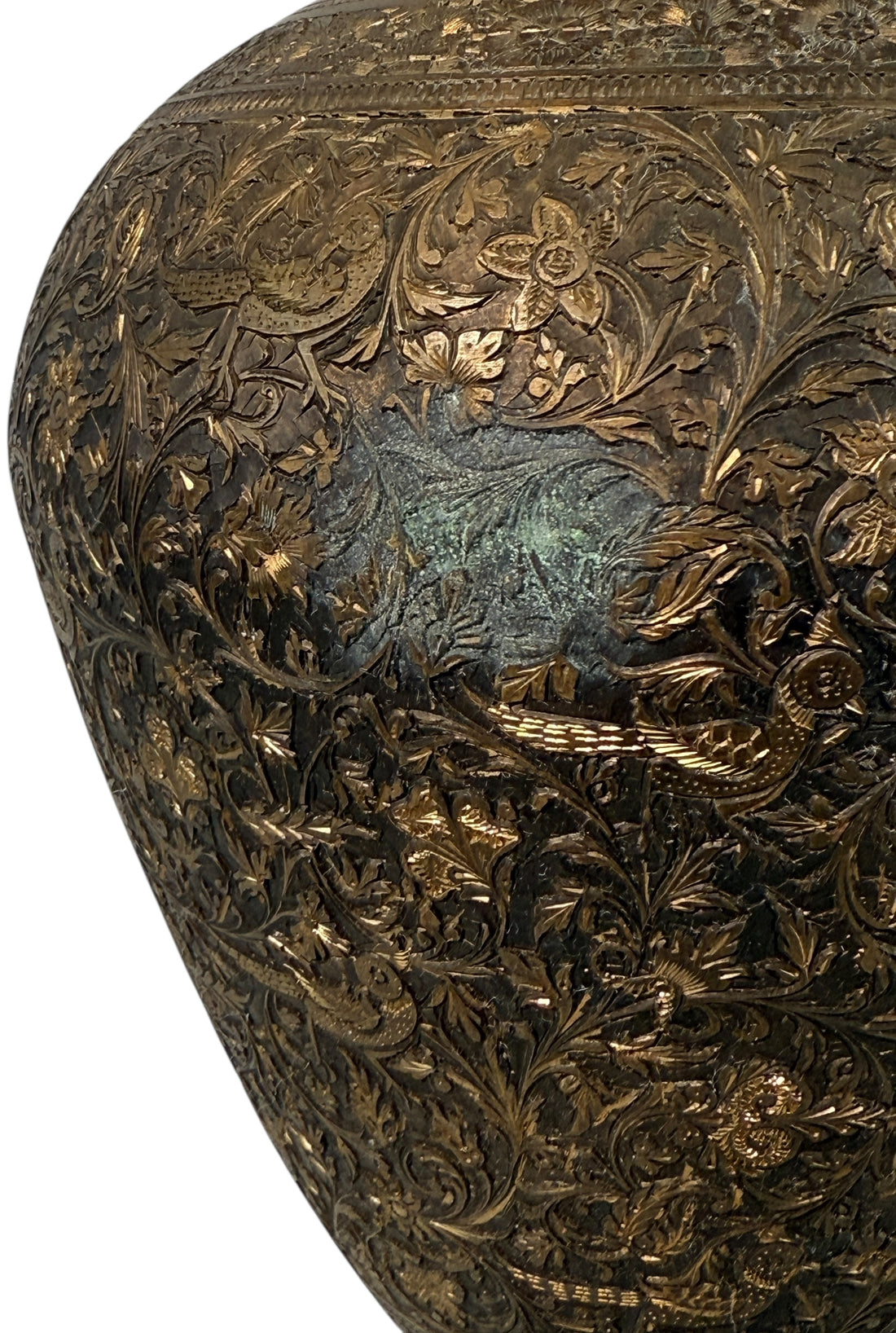 Vintage Indian brass vase with hand-chased bird and floral motifs, 16.5" tall. Mid-century décor with patina. Ships worldwide from Montreal.