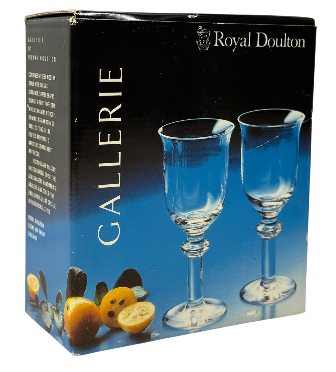 Royal Doulton Gallerie lead crystal aperitif goblets with box and brochure. 6-inch English stemware for port, sherry, vermouth. Excellent condition.