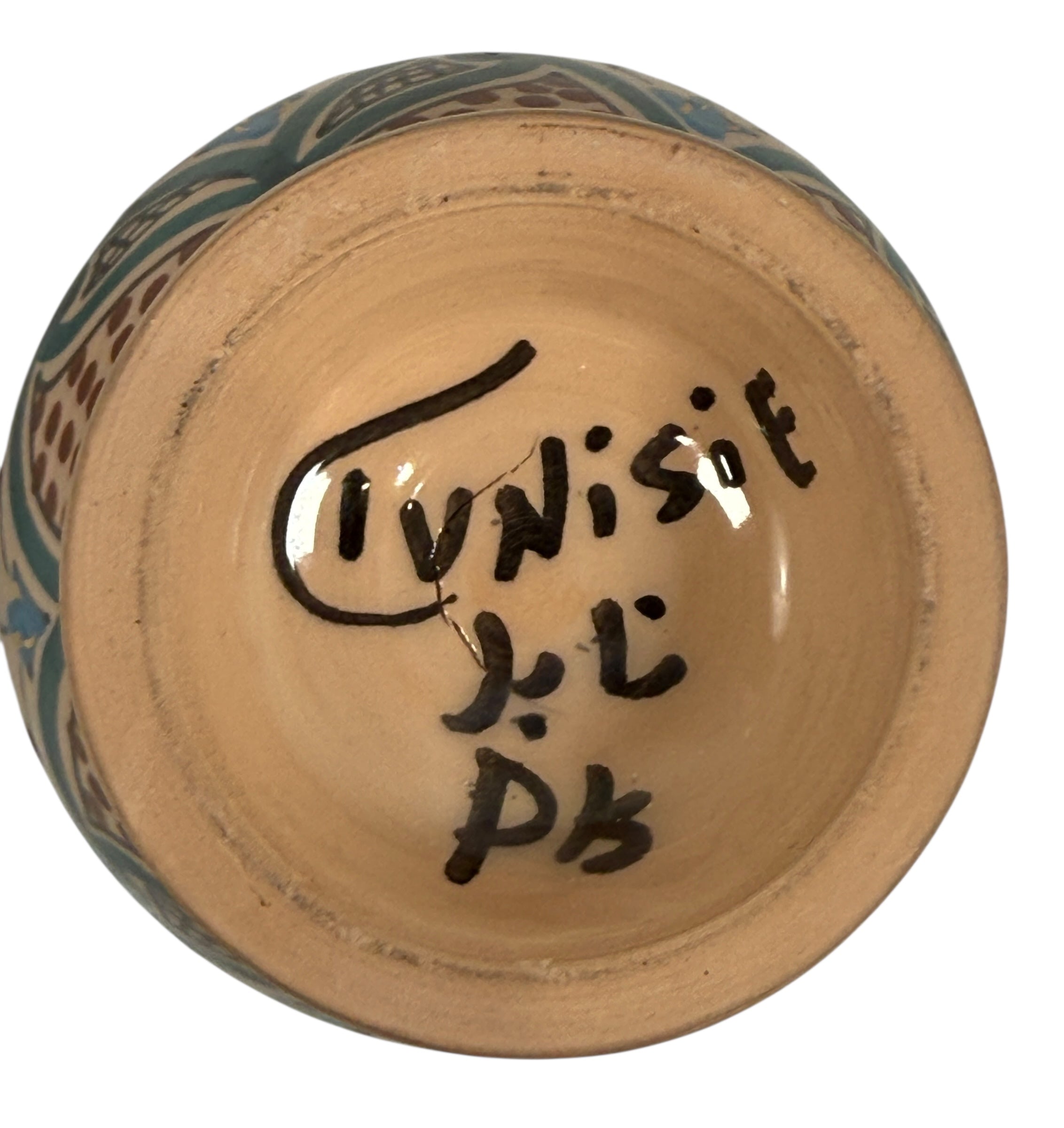 Ceramic vase with 'Tunisie' and 'PB' text on a white background