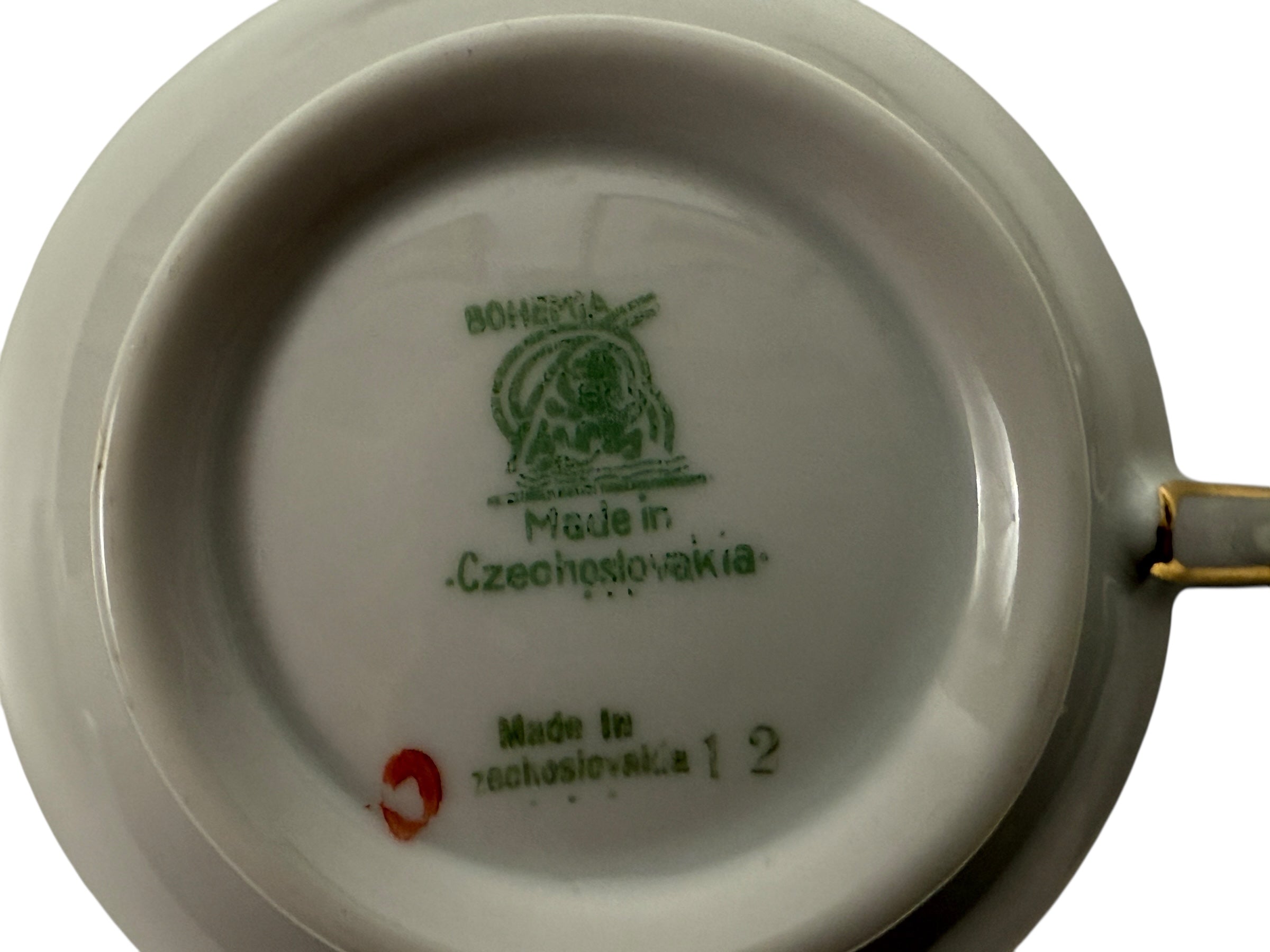 Ceramic cup with 'Made in Czechoslovakia' branding on the bottom