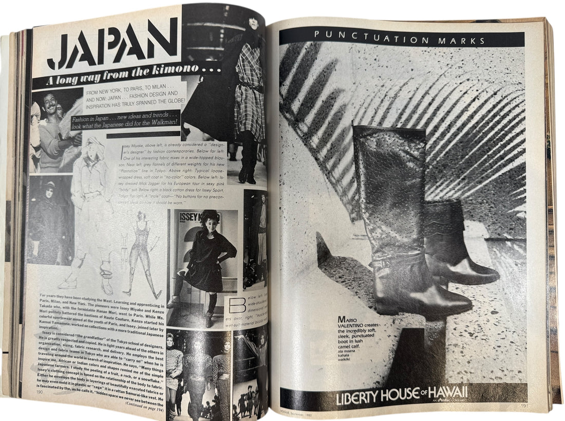 Vintage Vogue September 1982, magazine cover with a woman's face and text about fashion and collections.