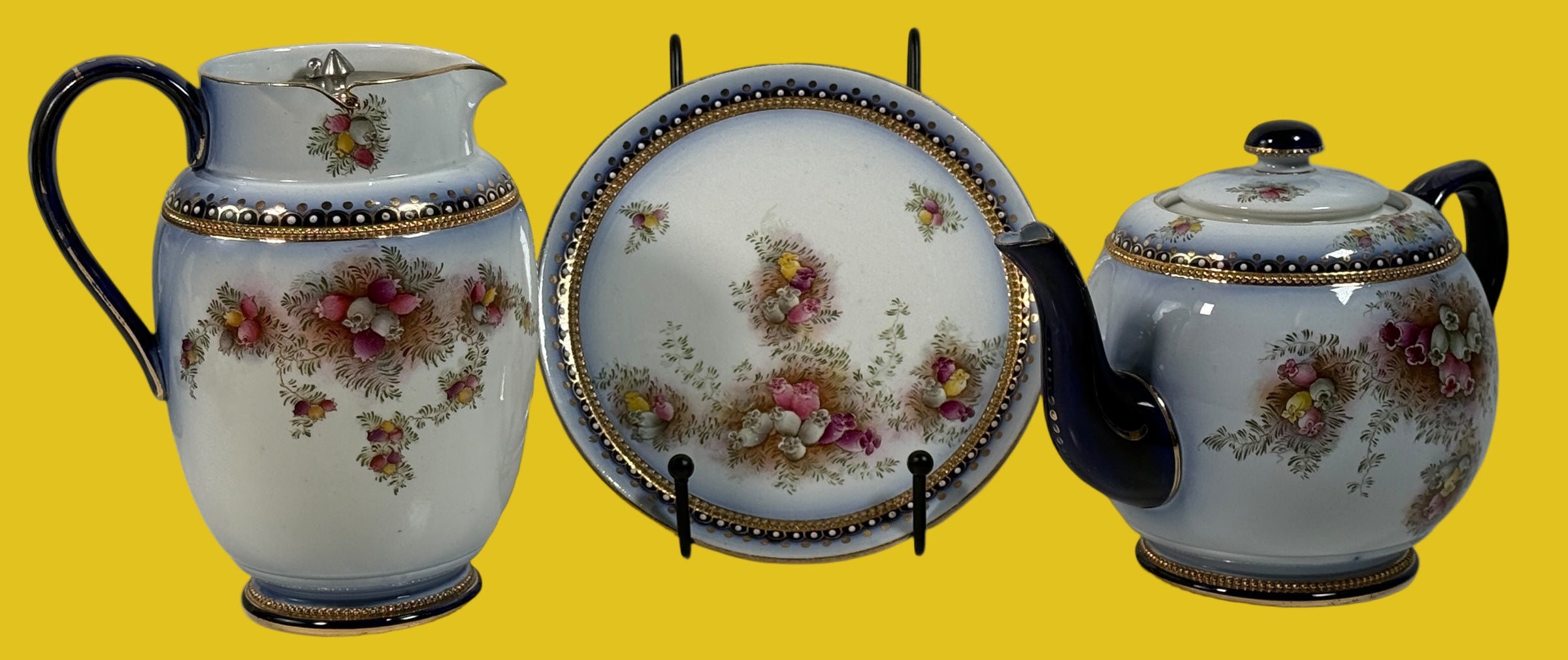 Antique W&amp;R Carlton Ware tea set RN 488460 – hand-painted cobalt floral gilt trio, Stoke-on-Trent England, 1910–1925, genuine silver-lined teapot.