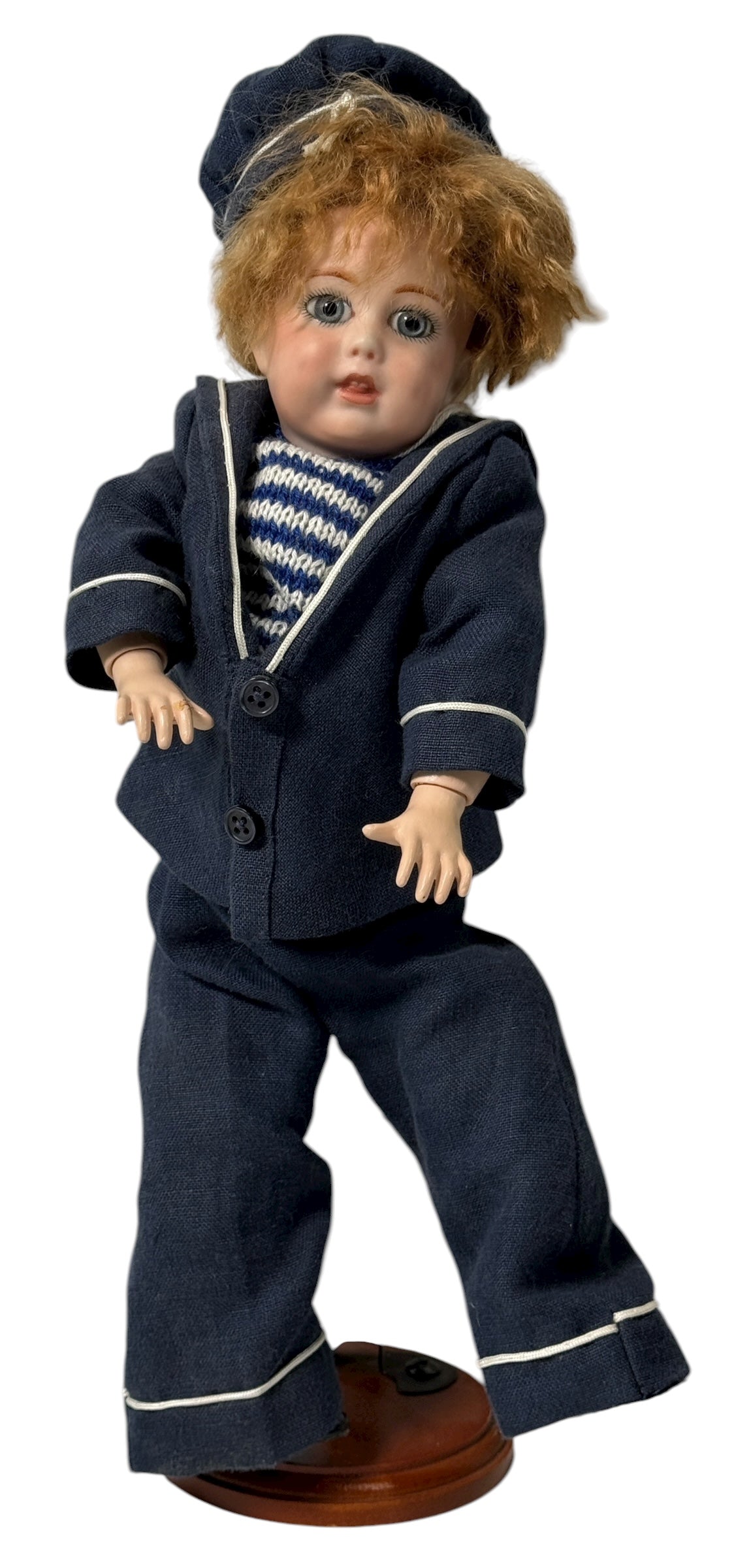 Antique bisque sailor boy doll marked “JLC”, 12″ tall, hand-knit outfit. Early 20th-century European collectible in very good condition – Eco Depot Montreal.