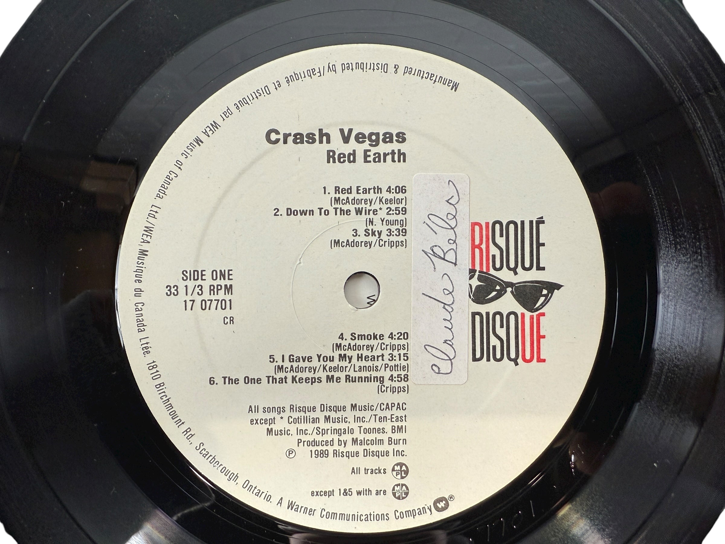 1989 Canadian LP Red Earth by Crash Vegas on Risqué Disque/WEA. VG+ vinyl, lyric sleeve included. Rare folk-rock pressing from late-’80s Canada.