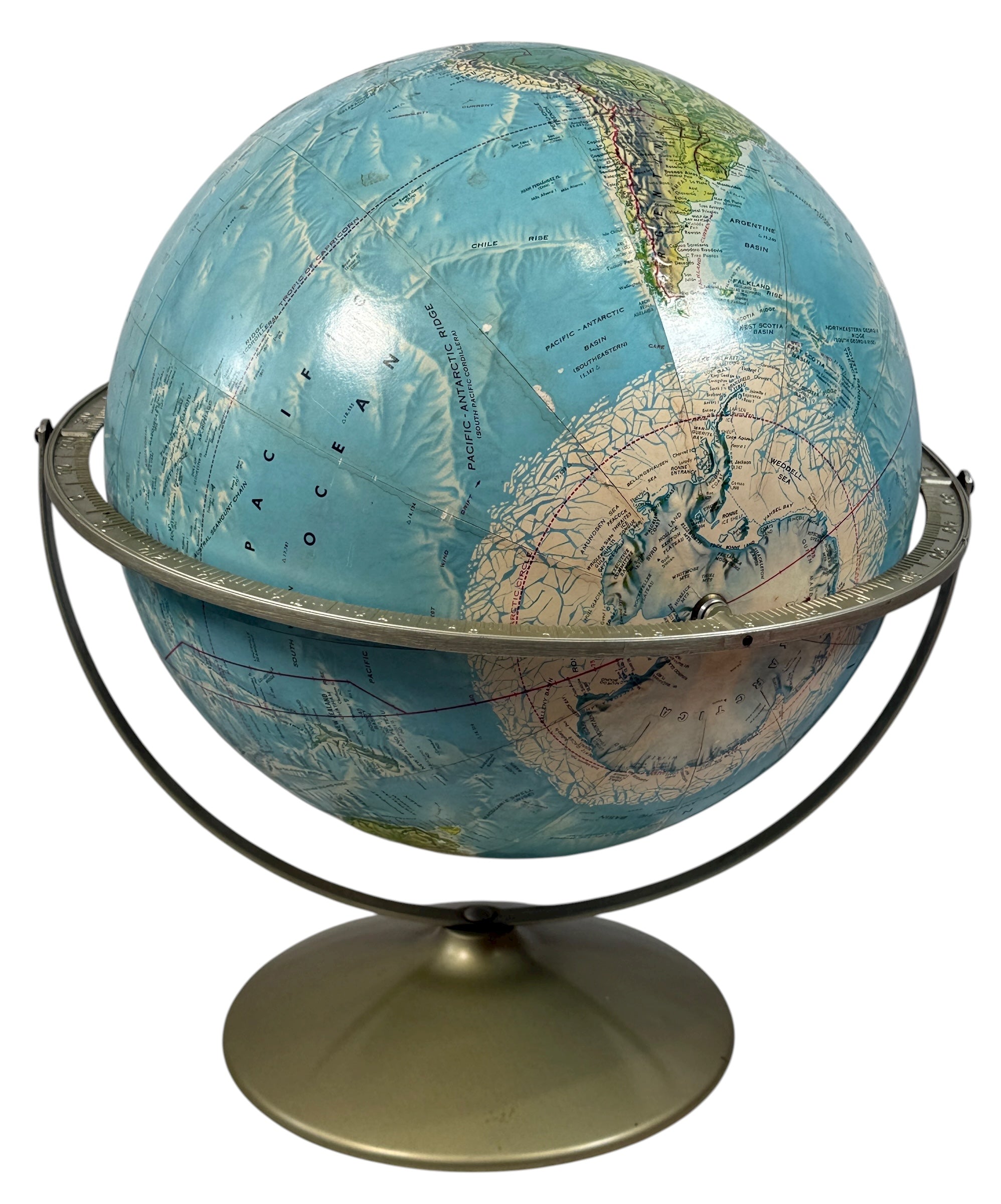 Vintage 1990 Rand McNally raised relief world globe showing USSR and unified Germany — Cold War era map with textured terrain and metal stand, Made in USA.