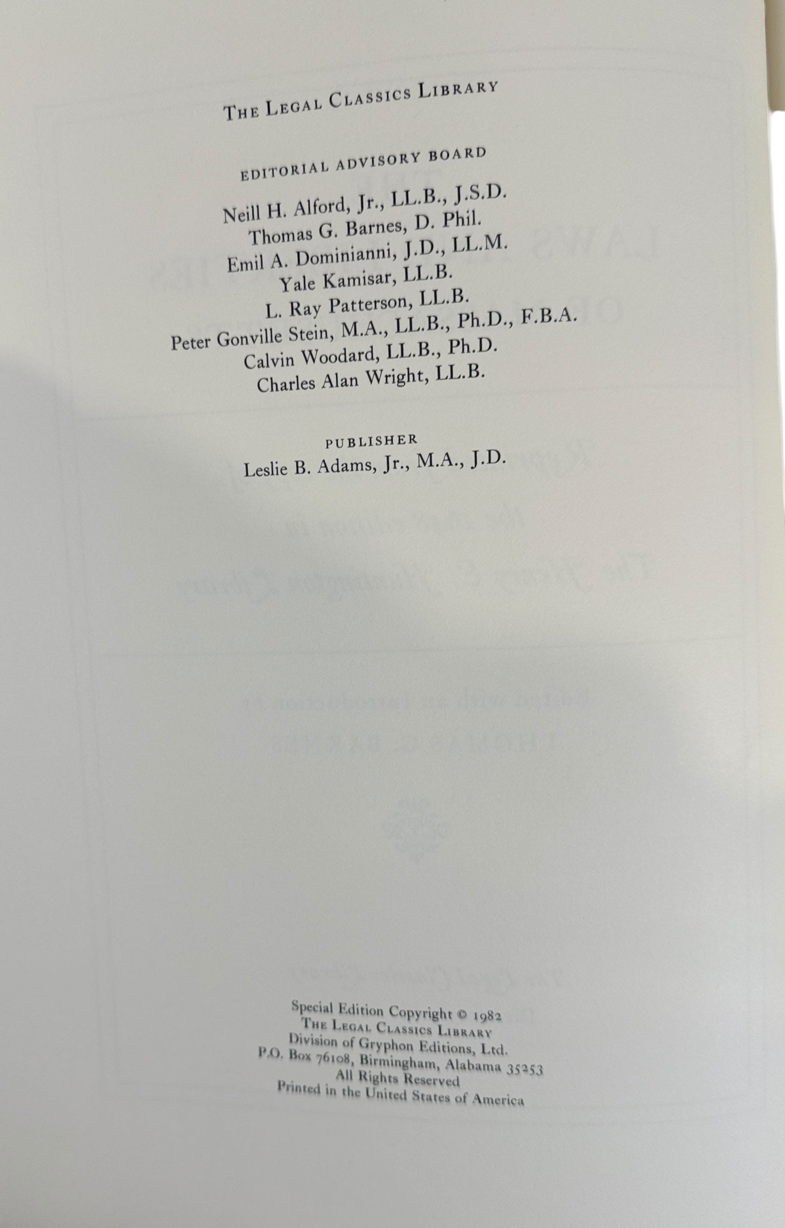Leatherbound Gryphon Editions Laws and Liberties of Massachusetts. Limited numbered edition with gilt design. Excellent condition for collectors of early American law.