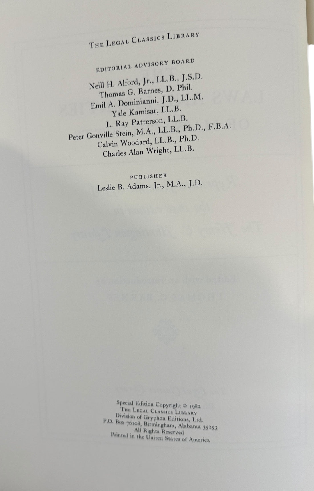 Leatherbound Gryphon Editions Laws and Liberties of Massachusetts. Limited numbered edition with gilt design. Excellent condition for collectors of early American law.