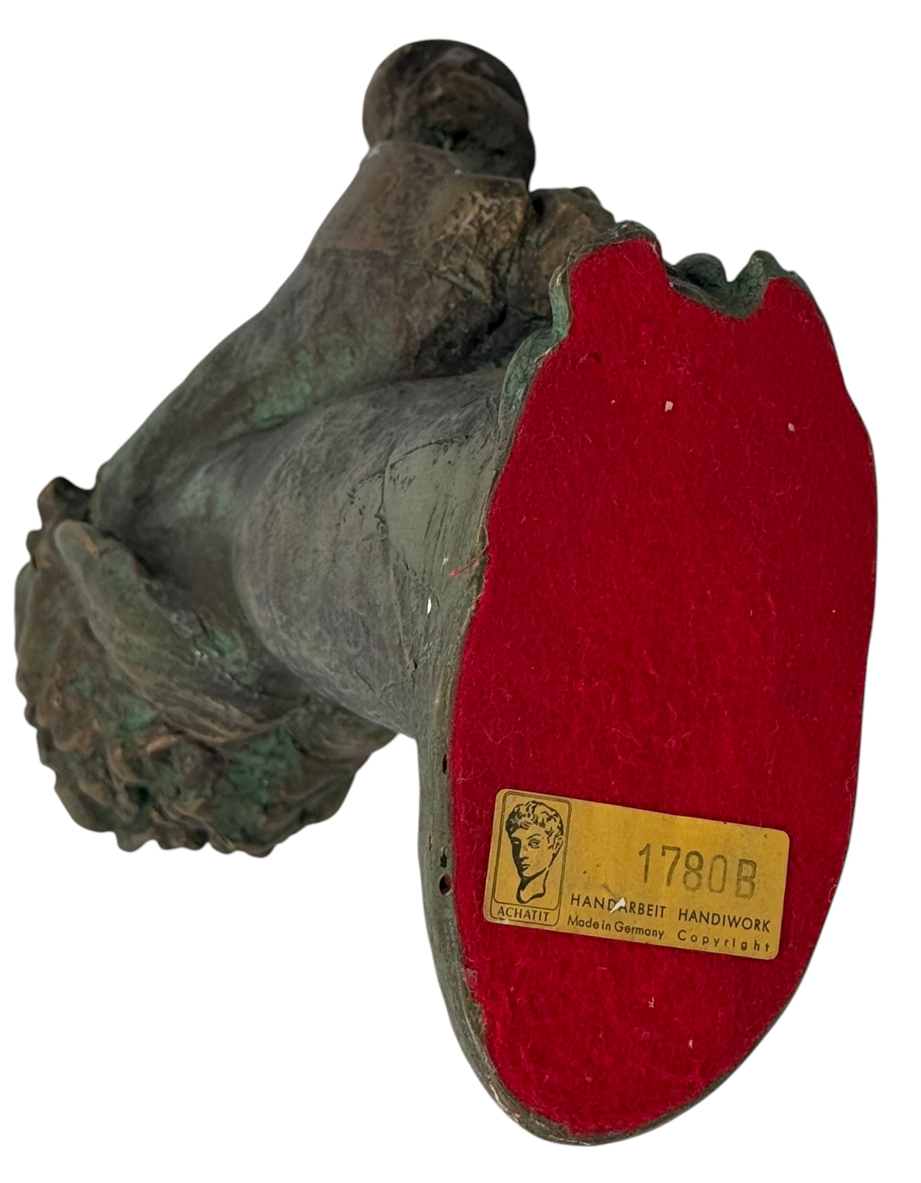 Mid-century ACHATIT Handarbeit 1780B German composite figurine with green patina. Labeled, detailed, collectible sculpture ideal for vintage decor collectors.
