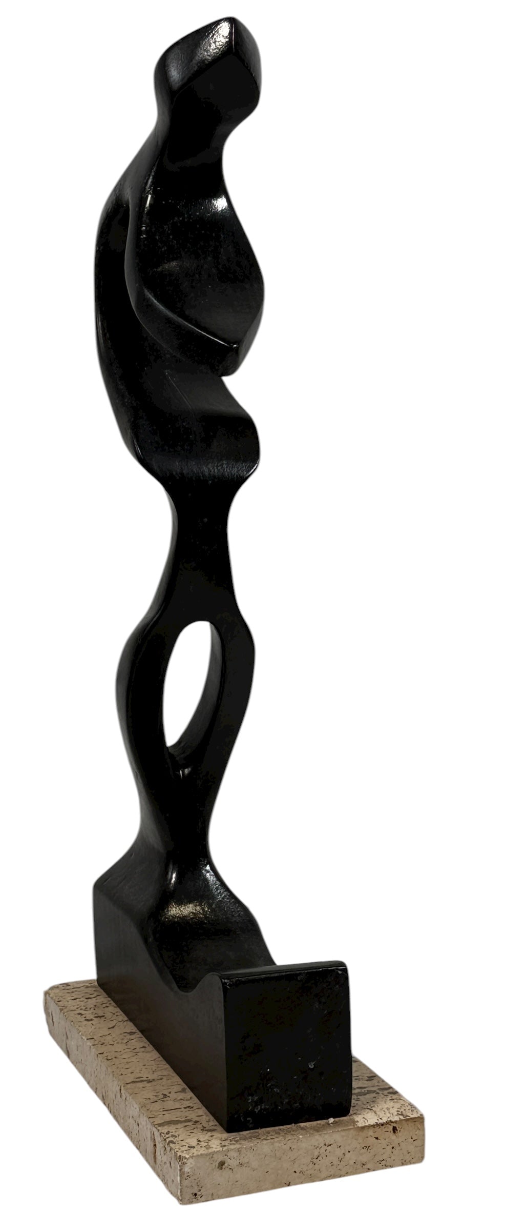 Large signed abstract wood sculpture on granite base, 18.75” tall. Modern studio-crafted décor piece with bold form and artisan finish.