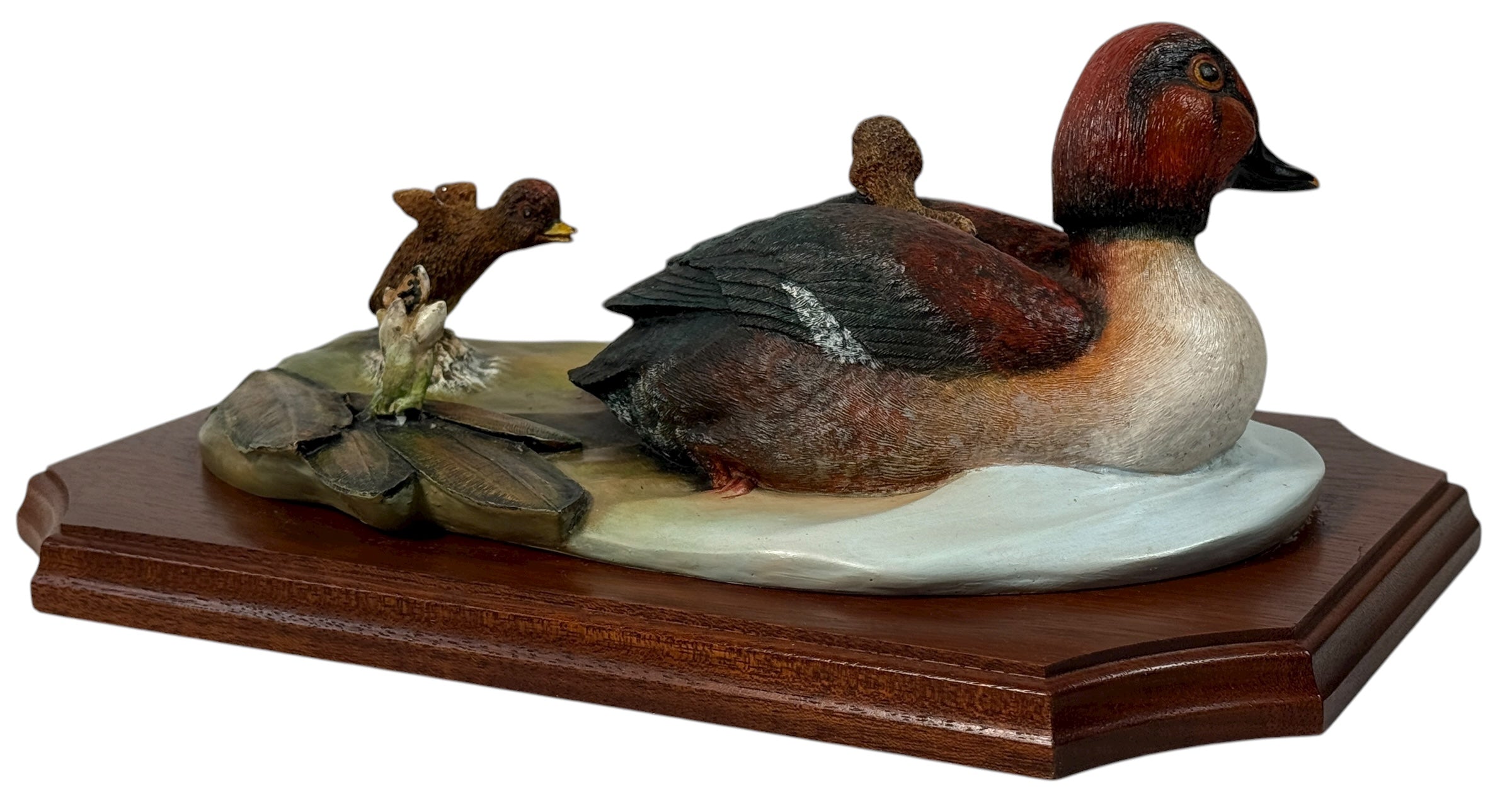 Early-number 1980 Bossons Crown Collection “First Outing” Goldeneye Ducks plaque. Hand-painted, excellent condition, original hardwood mount.