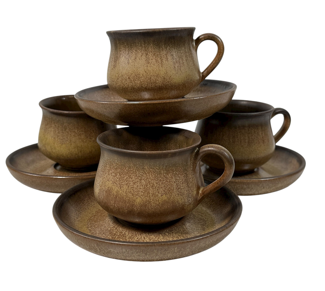 Vintage Denby England stoneware tea set, 10-piece matching speckled beige collection. Cups, saucers, plates, creamer, sugar bowl. Durable and collectible.