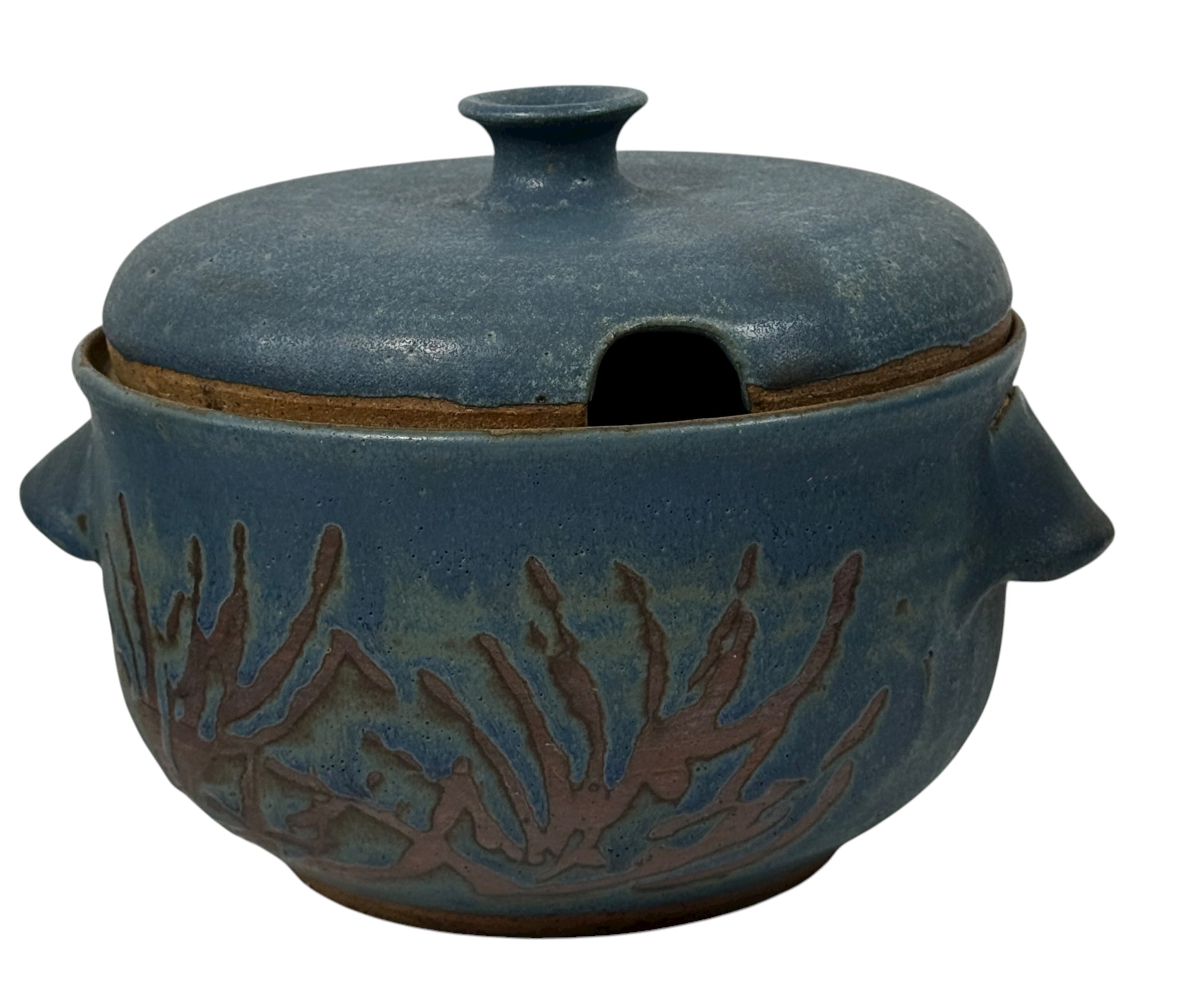 Handmade Québec studio pottery set signed Achard. Includes carved casserole with lid and six blue bowls. Vintage artisan ceramic tableware in excellent condition.