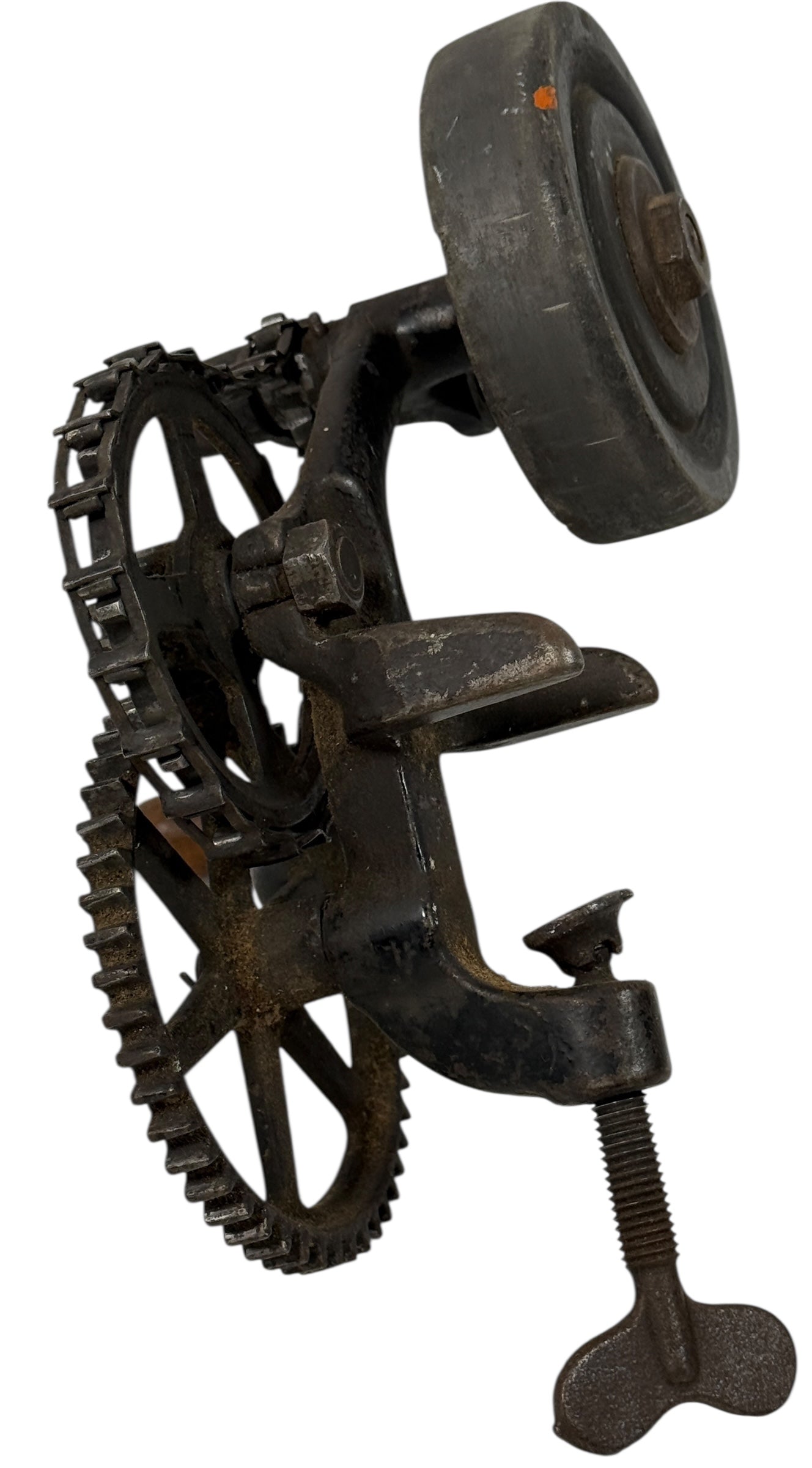 Working antique clamp-on cast-iron grinder with chain drive. Compact 19th-century sharpening tool, fully functional. Industrial décor or collector piece.