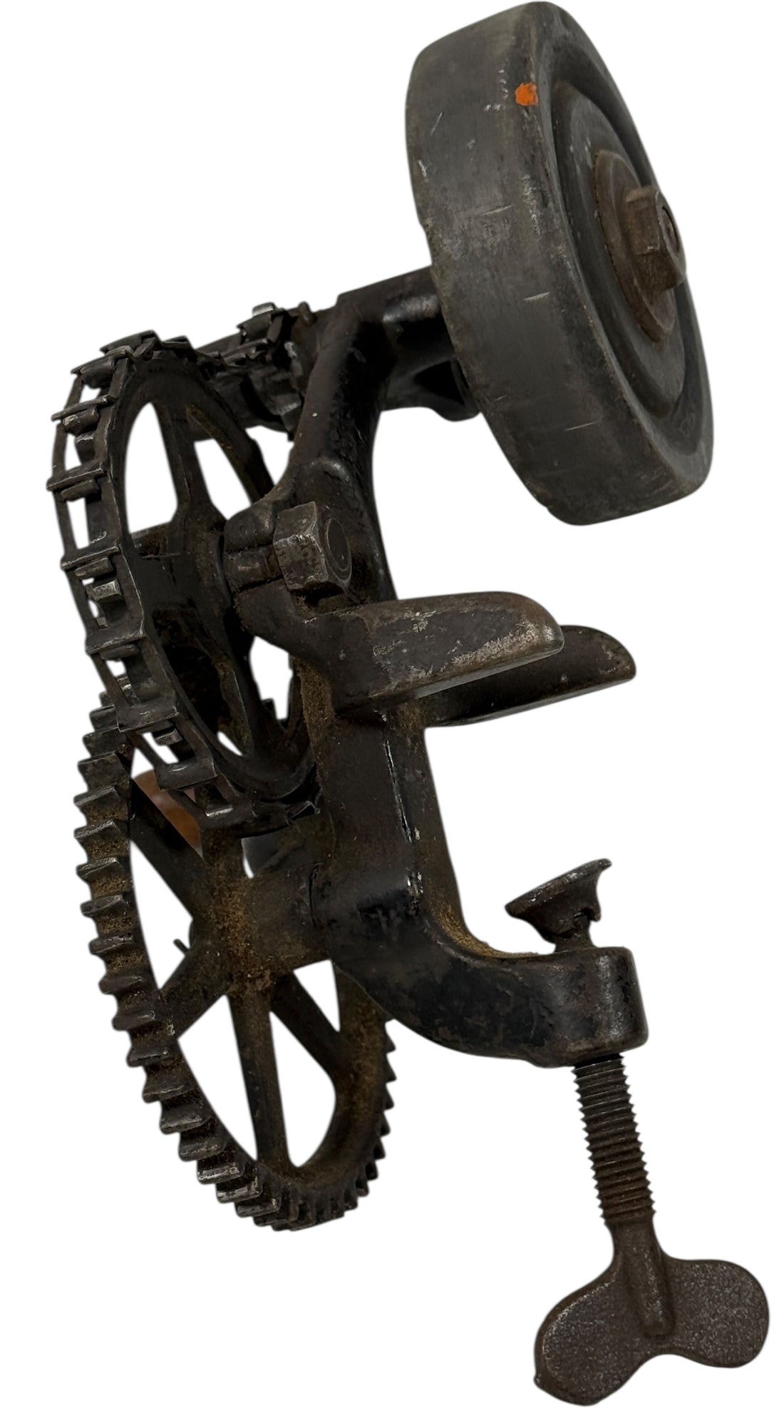 Working antique clamp-on cast-iron grinder with chain drive. Compact 19th-century sharpening tool, fully functional. Industrial décor or collector piece.