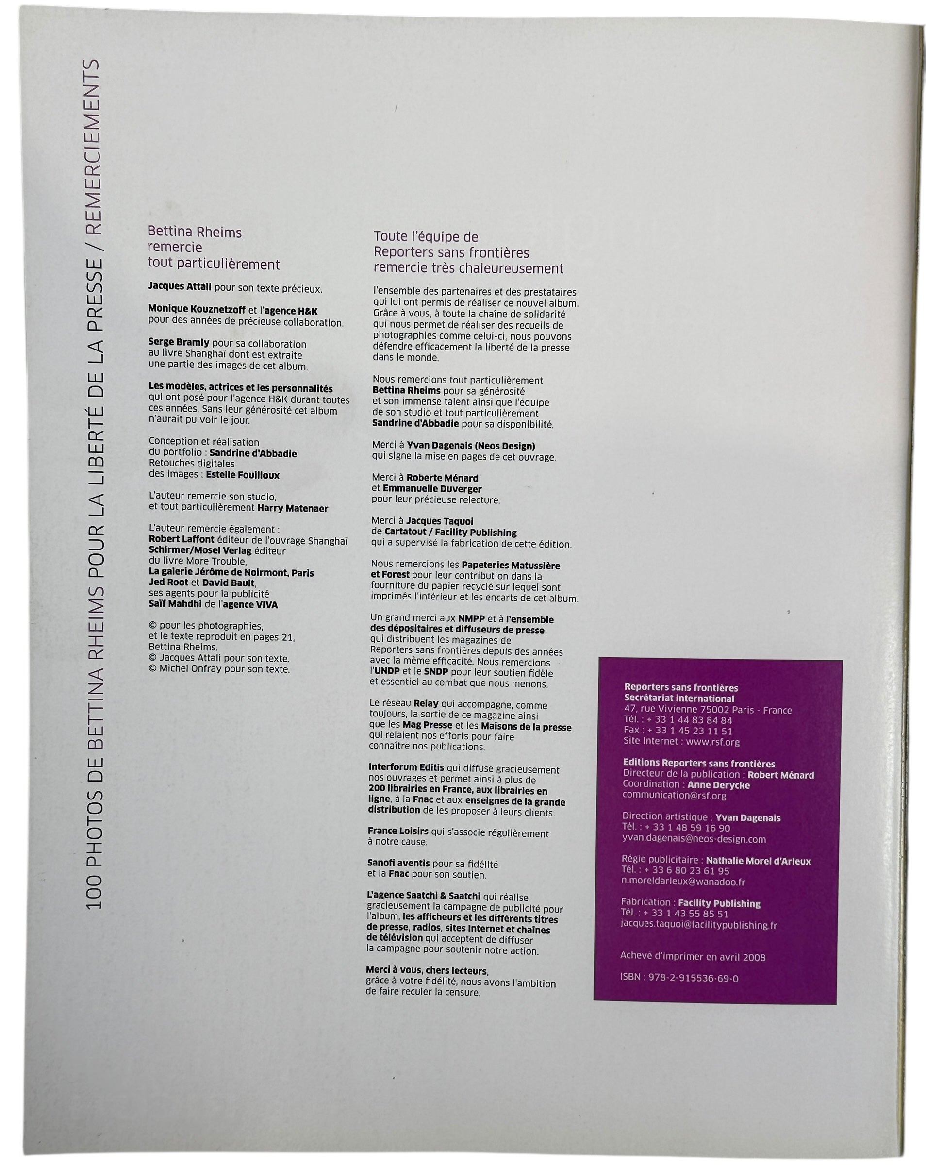 Bettina Rheims photography book published by Reporters sans frontières. 100 striking images supporting press freedom. French softcover edition.