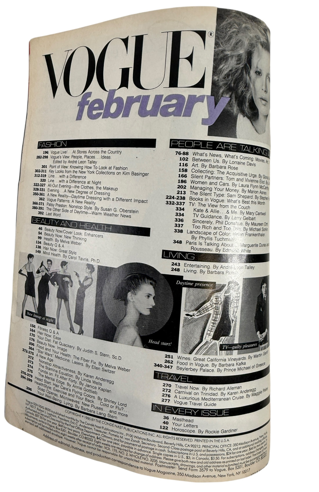 Vintage Vogue US February 1985 featuring Brooke Shields. Classic 80s spring fashion and beauty editorials. Original issue with visible spine wear.