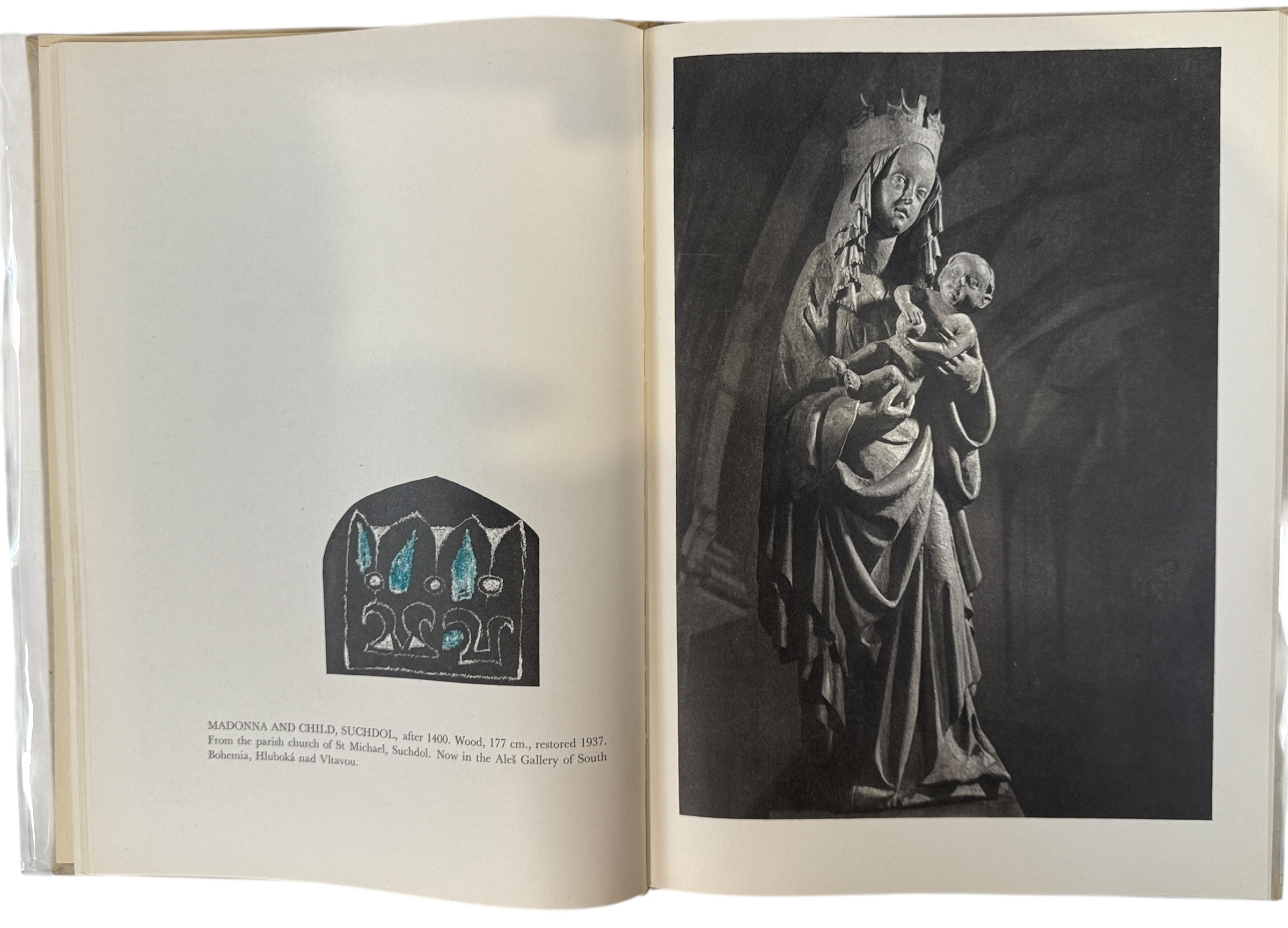 Vintage Artia Prague art book featuring Gothic Madonna sculpture from Bohemia. Oversized hardcover with museum-quality photography. 1960s.