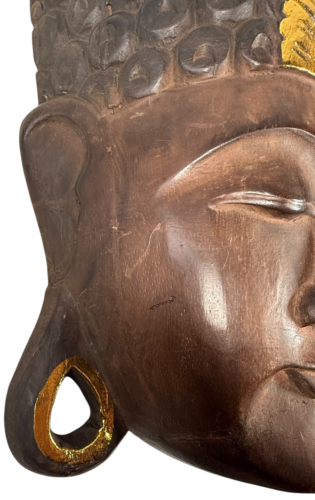 Large Carved Wooden Buddha Wall Mask with Gold Accents 20 Inch