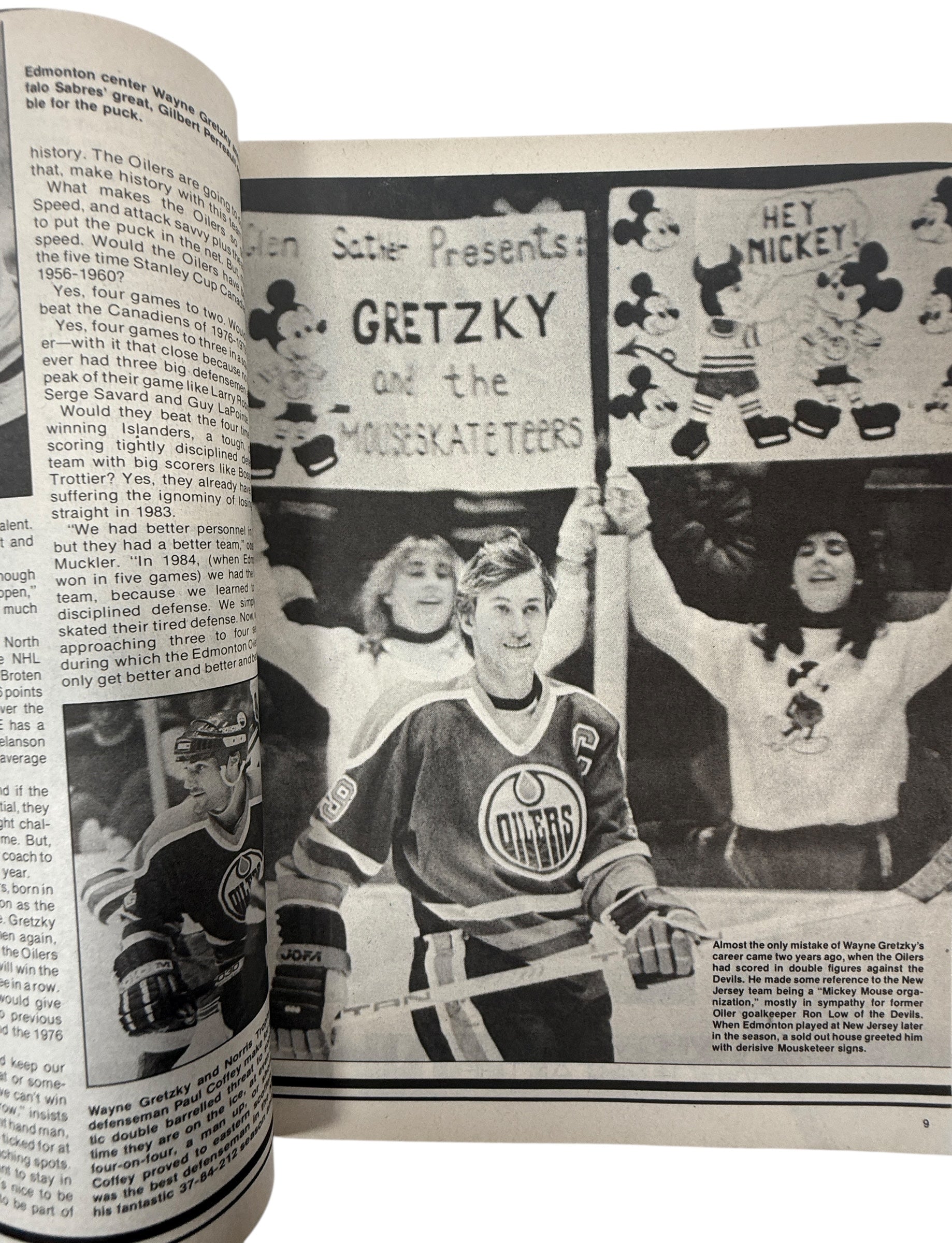 Page from a book or magazine featuring a hockey player and text, with a black and white photo of a hockey player holding a banner.