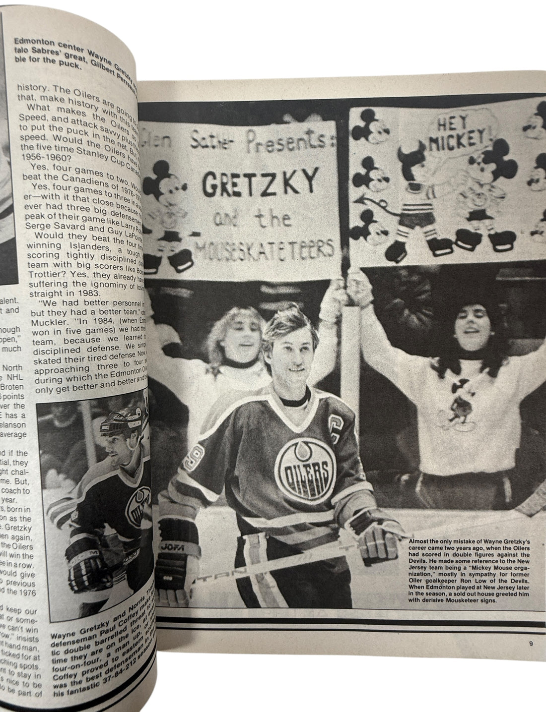 Page from a book or magazine featuring a hockey player and text, with a black and white photo of a hockey player holding a banner.
