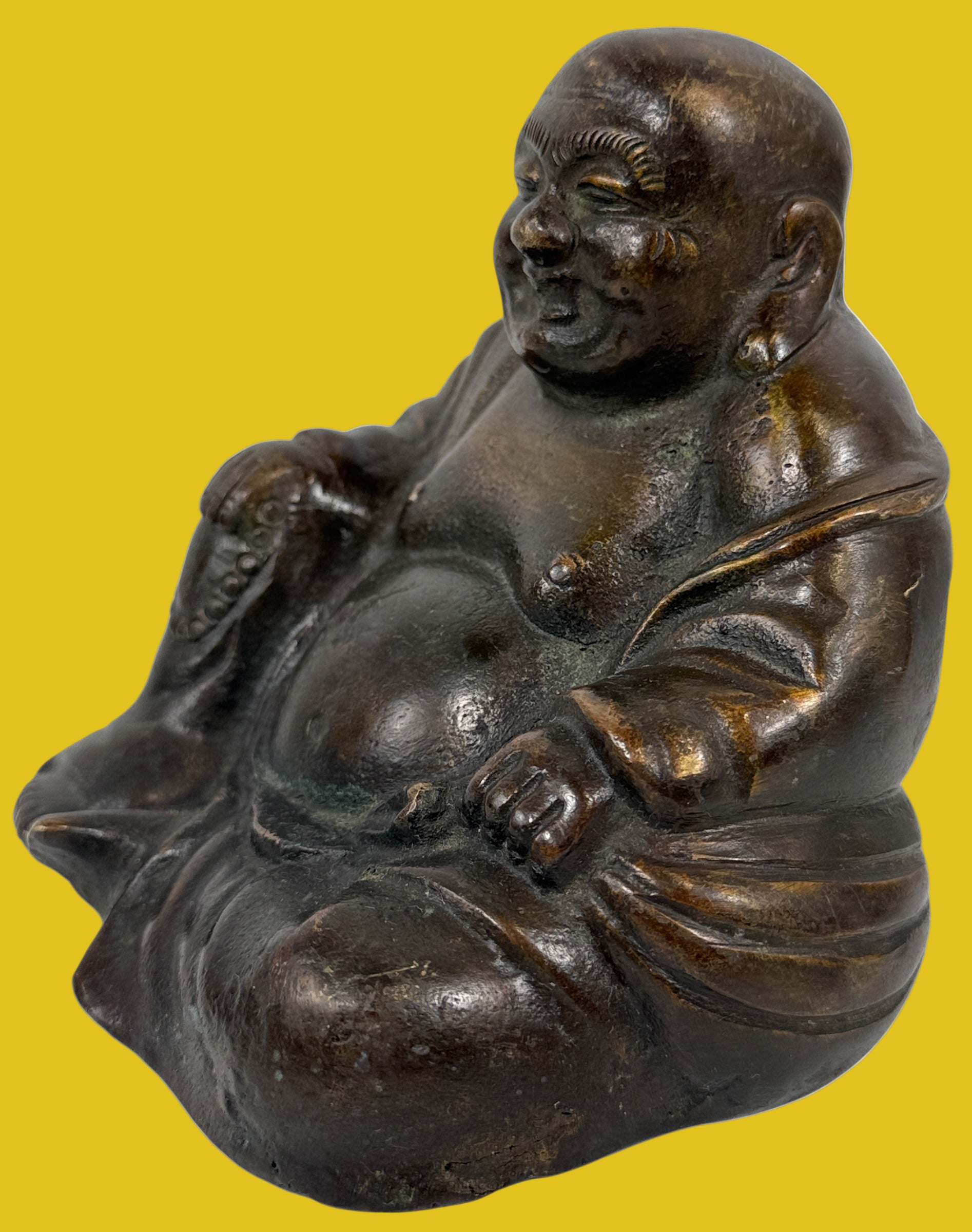 Vintage Solid Bronze Laughing Buddha Statue – 4½″ Tall, 1.44 kg