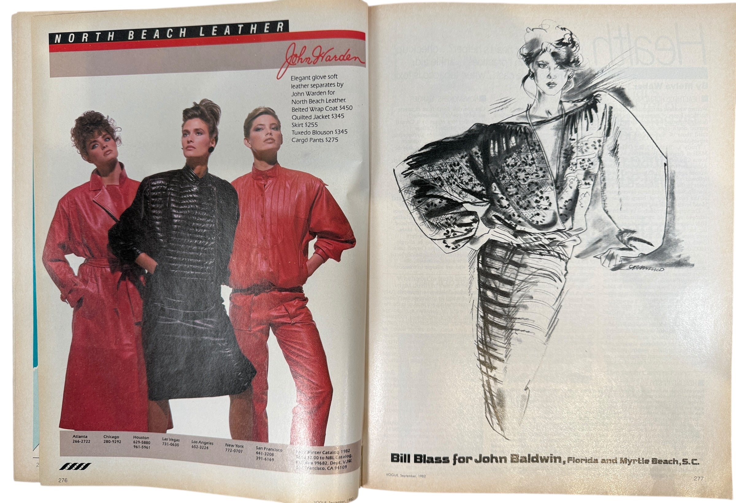 Open magazine with fashion advertisement featuring models and a sketch on the right.