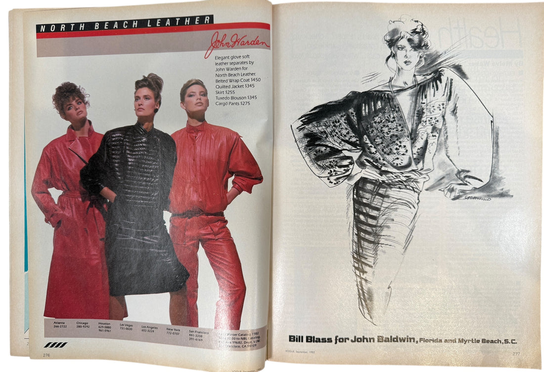 Open magazine with fashion advertisement featuring models and a sketch on the right.