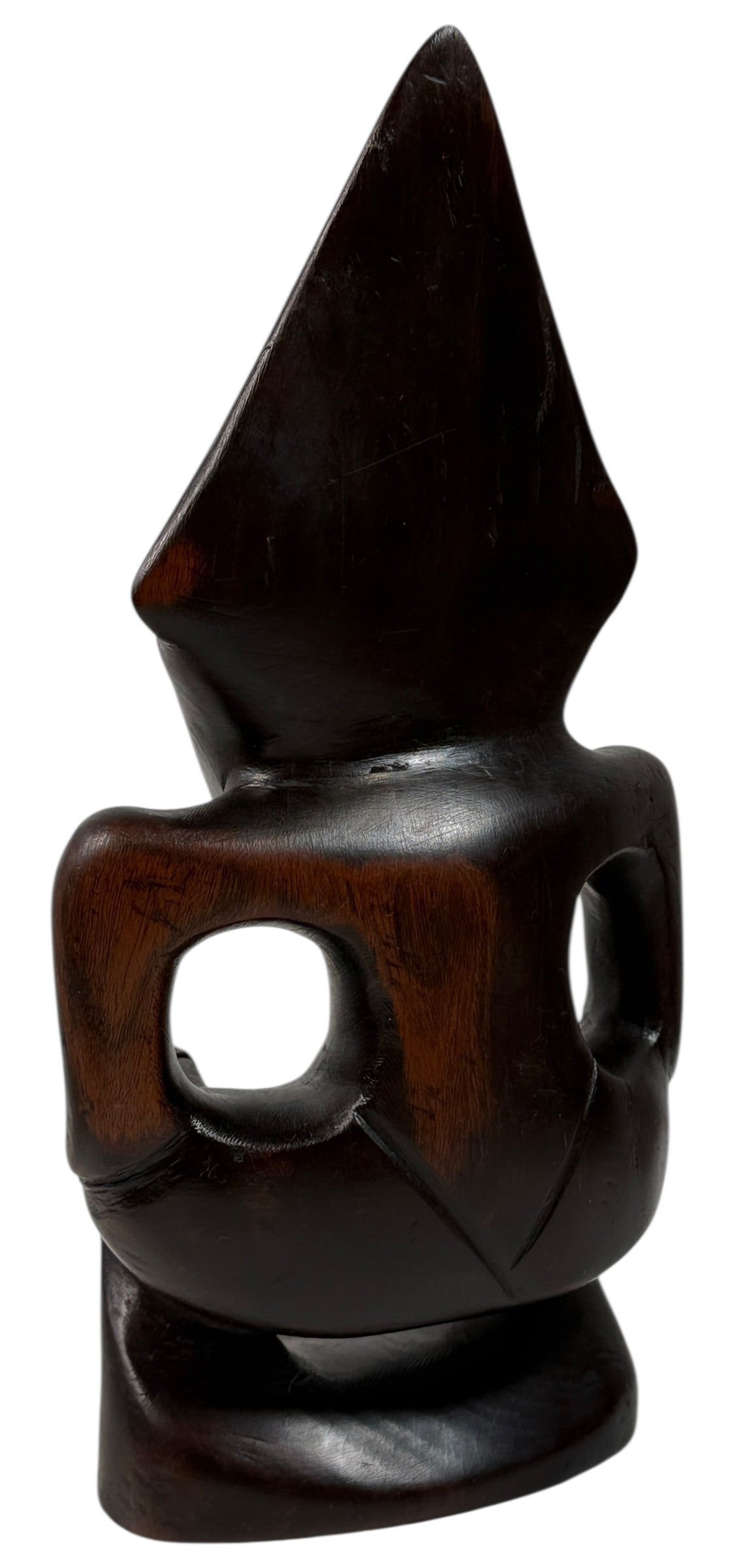 Mid-century African hardwood carving of crouching cone-head figure, hand-carved mahogany or sapele, export-era vintage art, 1950s–70s decorative sculpture.
