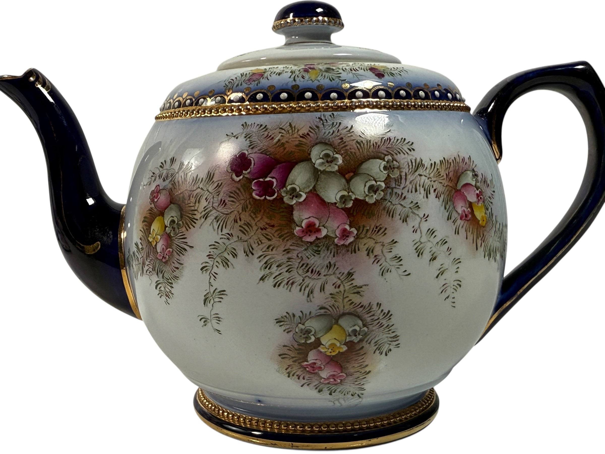 Antique W&amp;R Carlton Ware tea set RN 488460 – hand-painted cobalt floral gilt trio, Stoke-on-Trent England, 1910–1925, genuine silver-lined teapot.