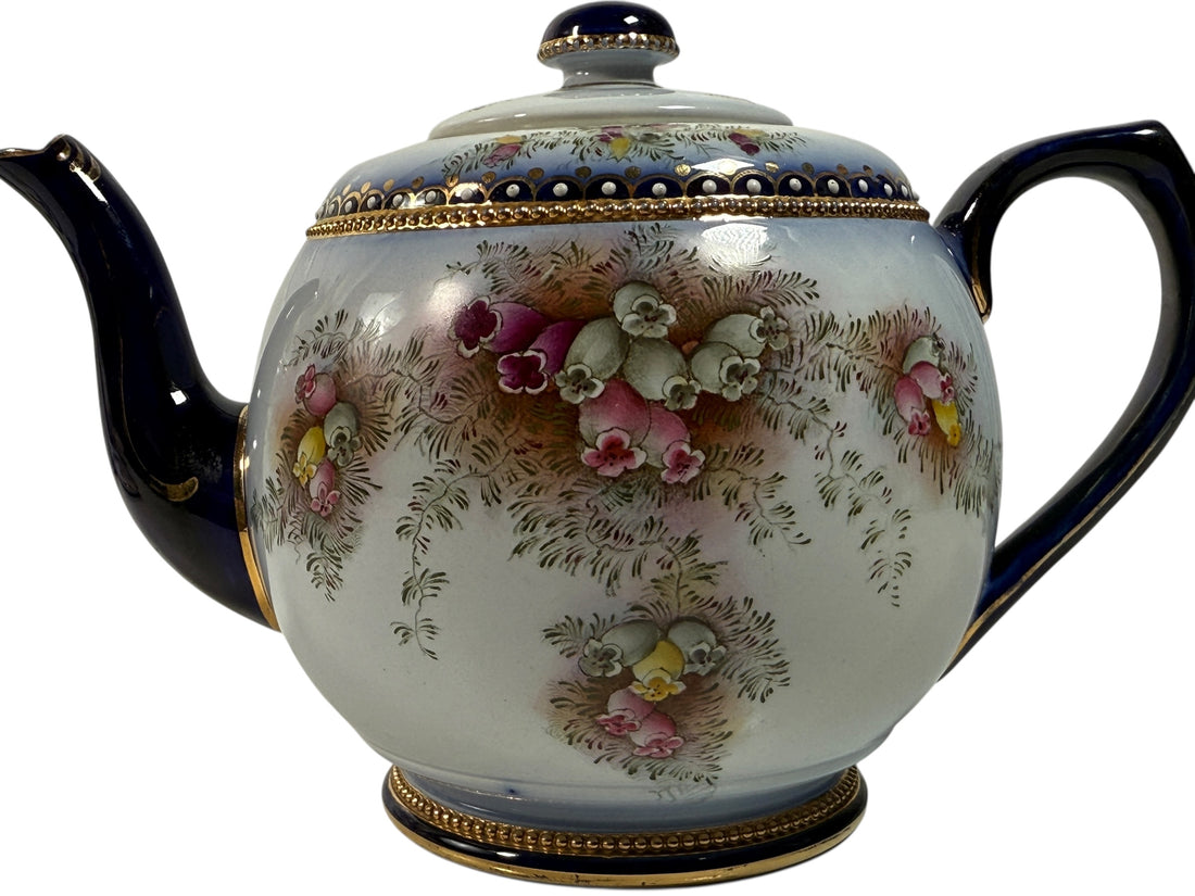 Antique W&amp;R Carlton Ware tea set RN 488460 – hand-painted cobalt floral gilt trio, Stoke-on-Trent England, 1910–1925, genuine silver-lined teapot.