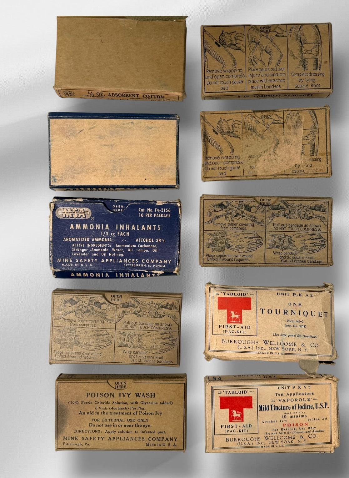 WWII Era Mine Safety Appliances Co. (MSA) First Aid Kit – Complete “Tabloid” Contents (c.1942–45)