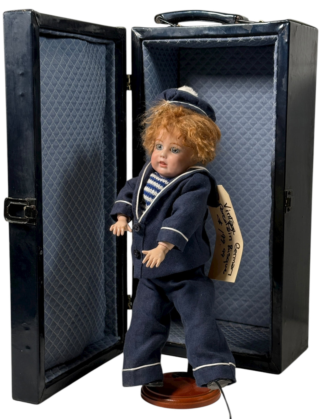 Antique bisque sailor boy doll marked “JLC”, 12″ tall, hand-knit outfit. Early 20th-century European collectible in very good condition – Eco Depot Montreal.