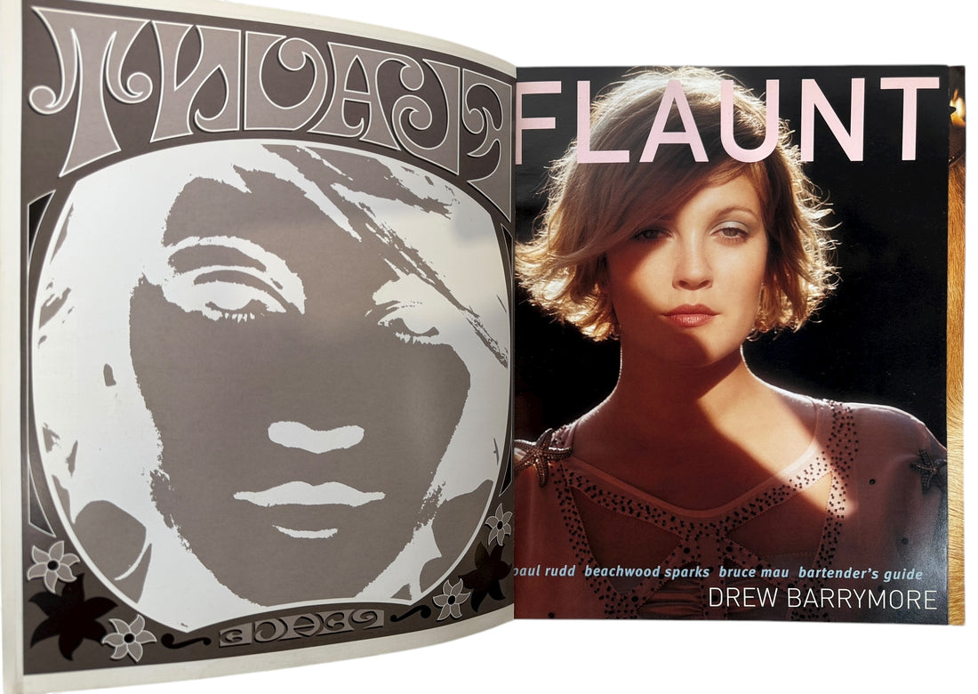 Flaunt Magazine Nov 2001 Drew Barrymore cover “Peace” Third Anniversary Issue. Bold psychedelic design, collectible pop-culture magazine VG condition