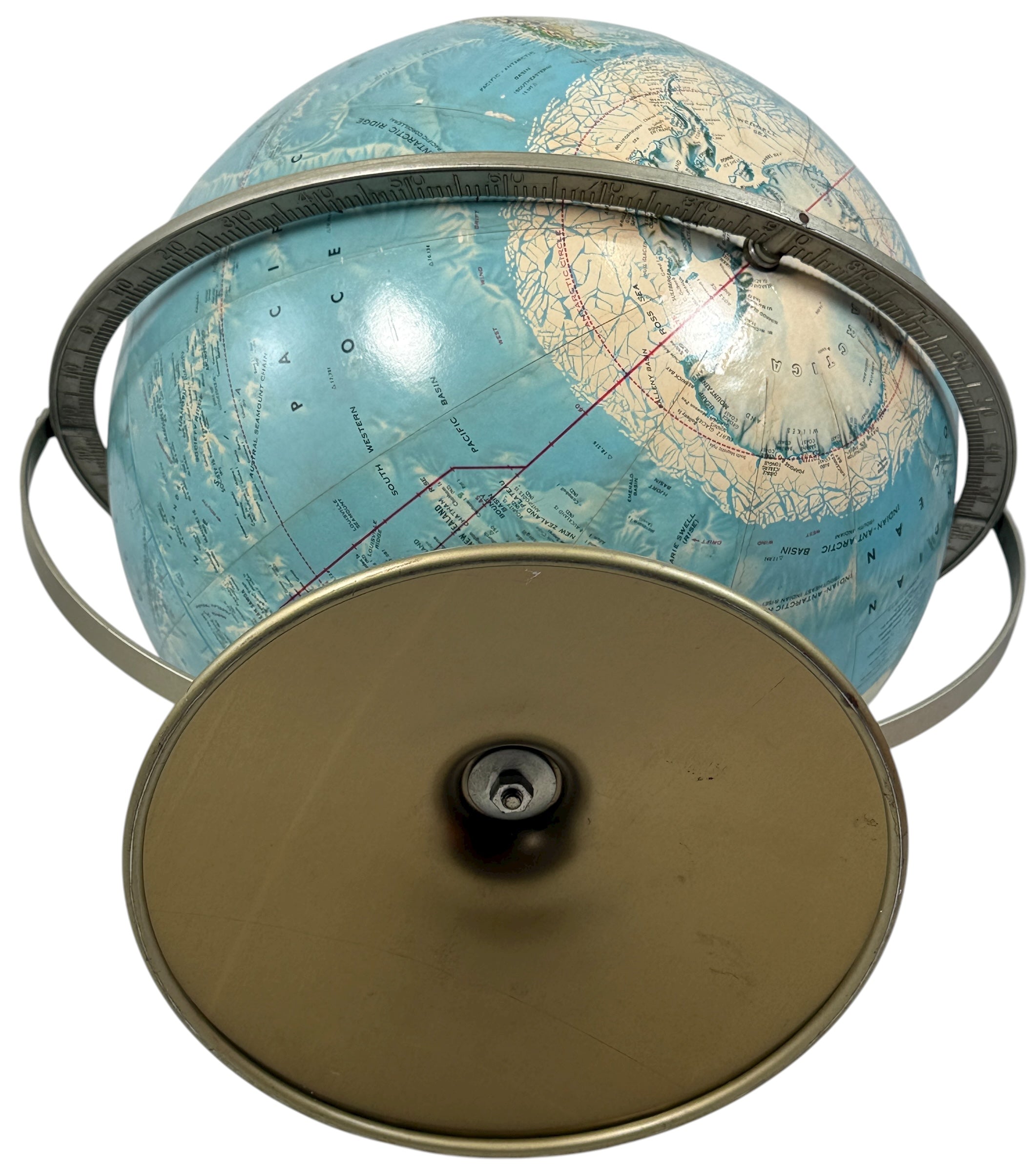 Vintage 1990 Rand McNally raised relief world globe showing USSR and unified Germany — Cold War era map with textured terrain and metal stand, Made in USA.