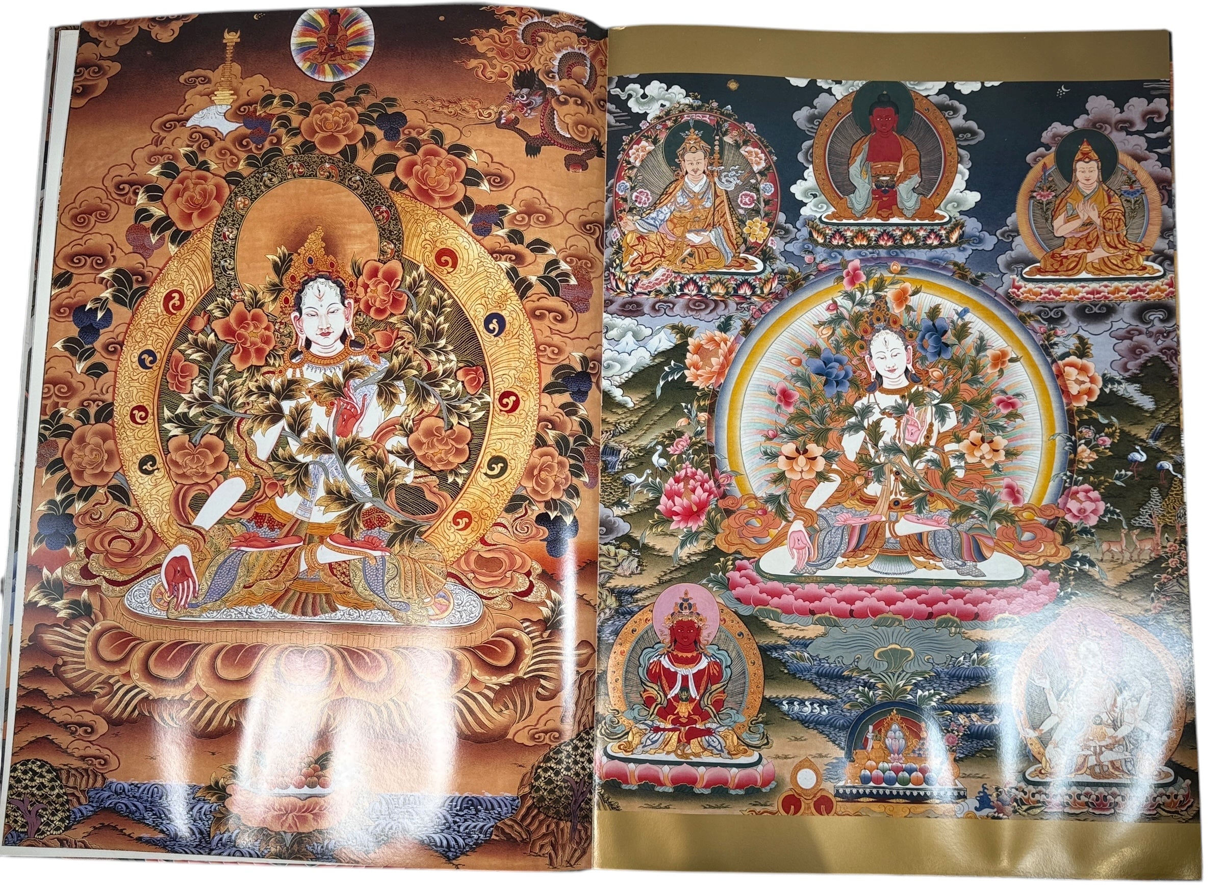 Oversized 2002 art book by Romio Shrestha featuring 42 goddess thangkas with Deepak Chopra foreword. Mandala Publishing. Stunning sacred art folio.