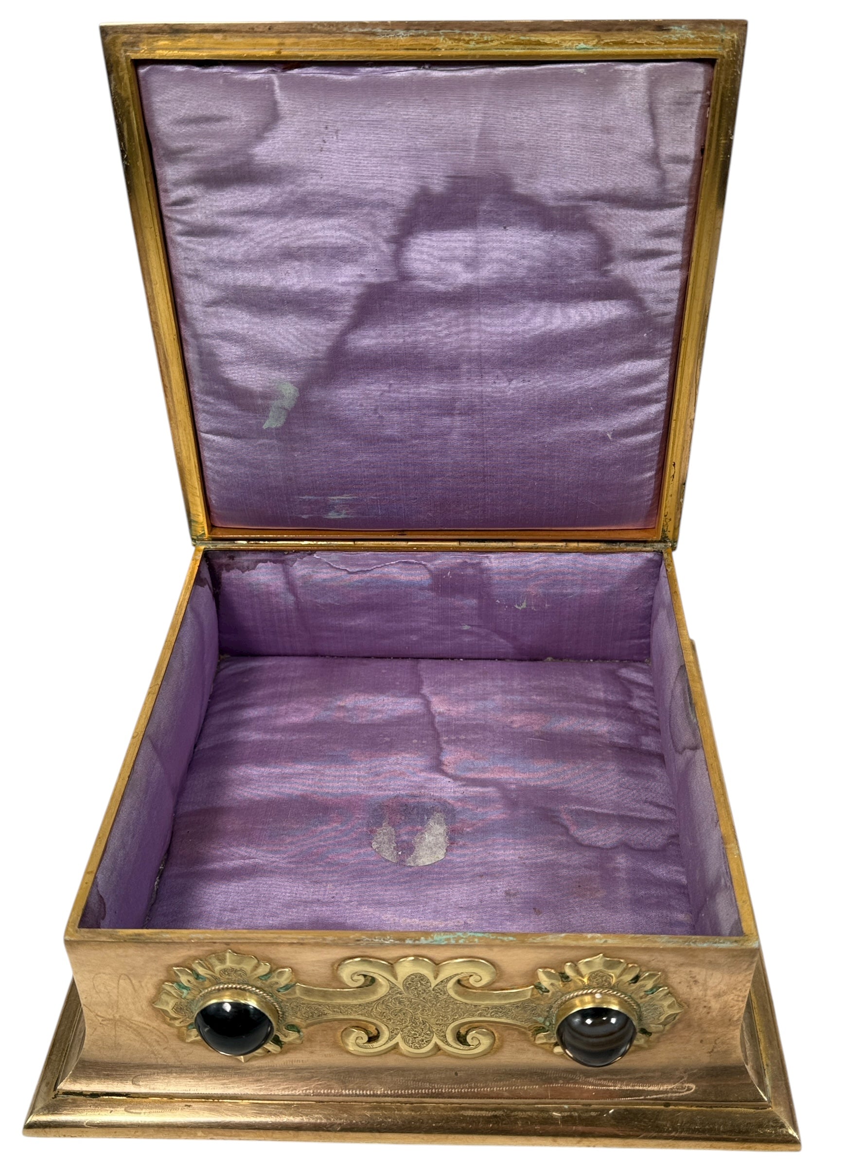 Vintage brass trinket box with agate cabochons and ornate domed lid. Purple lined interior, mid-century style décor piece for jewelry or keepsakes. Unique vintage find.