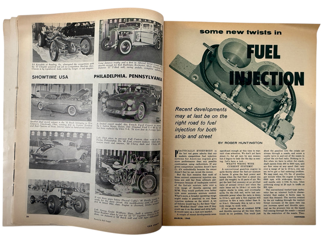 1962 Car Craft magazine featuring Starbird’s Forcasta custom build. Vintage hot-rod, drag racing, and model-car content. Great collectible automotive ephemera.