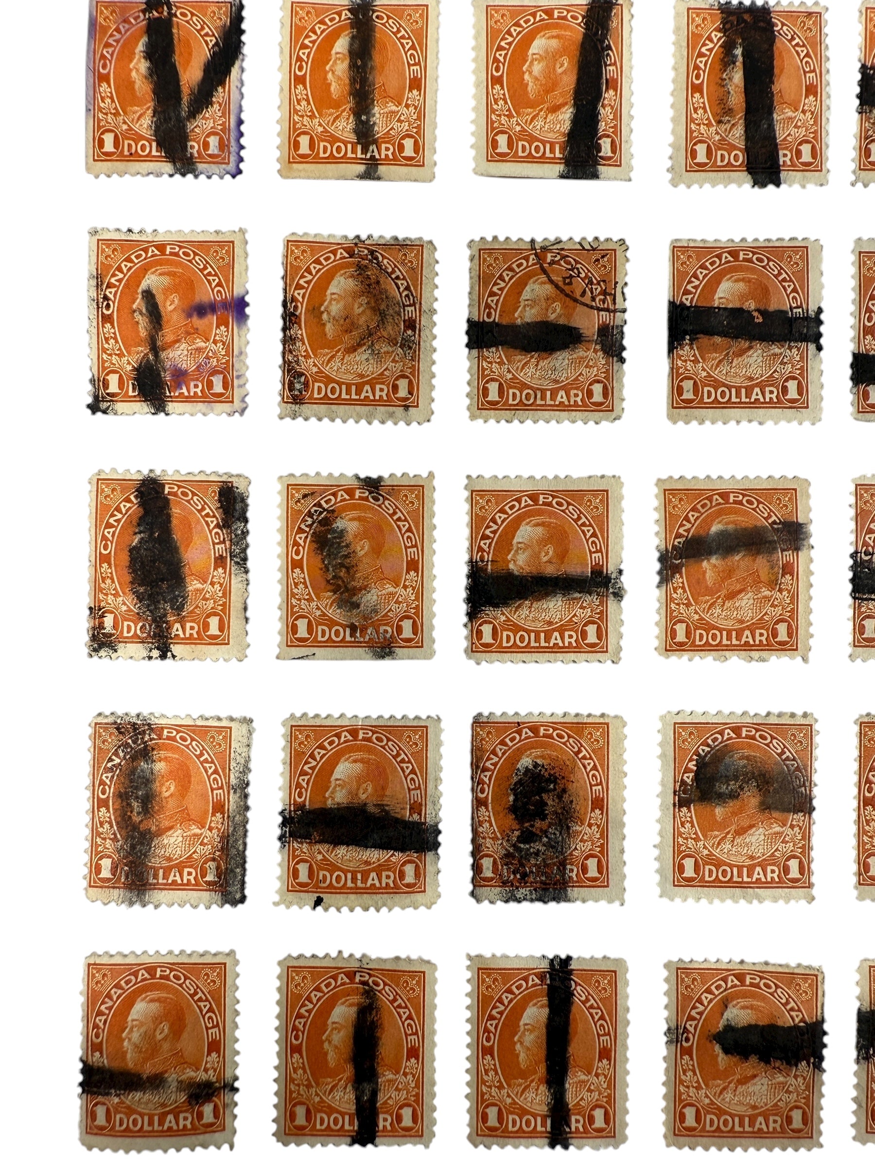 Three complete sheets (120 total) of Canada Scott #122 $1 King George V stamps with fiscal pen cancels. Early 1900s revenue history. Great collector value.