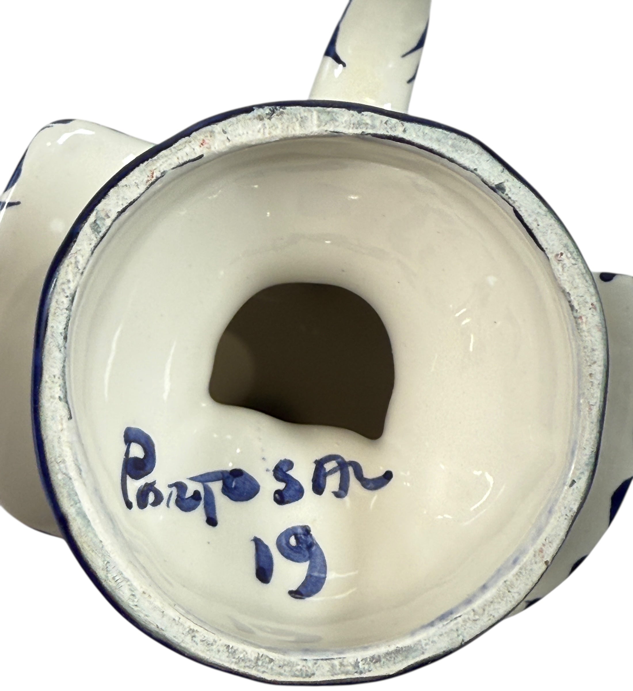 Hand-painted Portuguese ceramic rooster, 8¼” signed studio piece. Cobalt blue folk-art décor with excellent detail. Vintage-style collectible pottery.