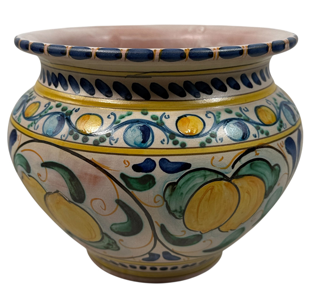 Hand-painted Spanish ceramic planter in blue and yellow majolica style. Vintage decorative cachepot with folk-art charm, ideal for plants or display.