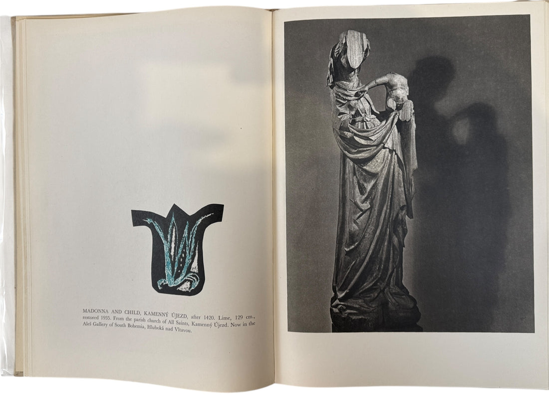 Vintage Artia Prague art book featuring Gothic Madonna sculpture from Bohemia. Oversized hardcover with museum-quality photography. 1960s.