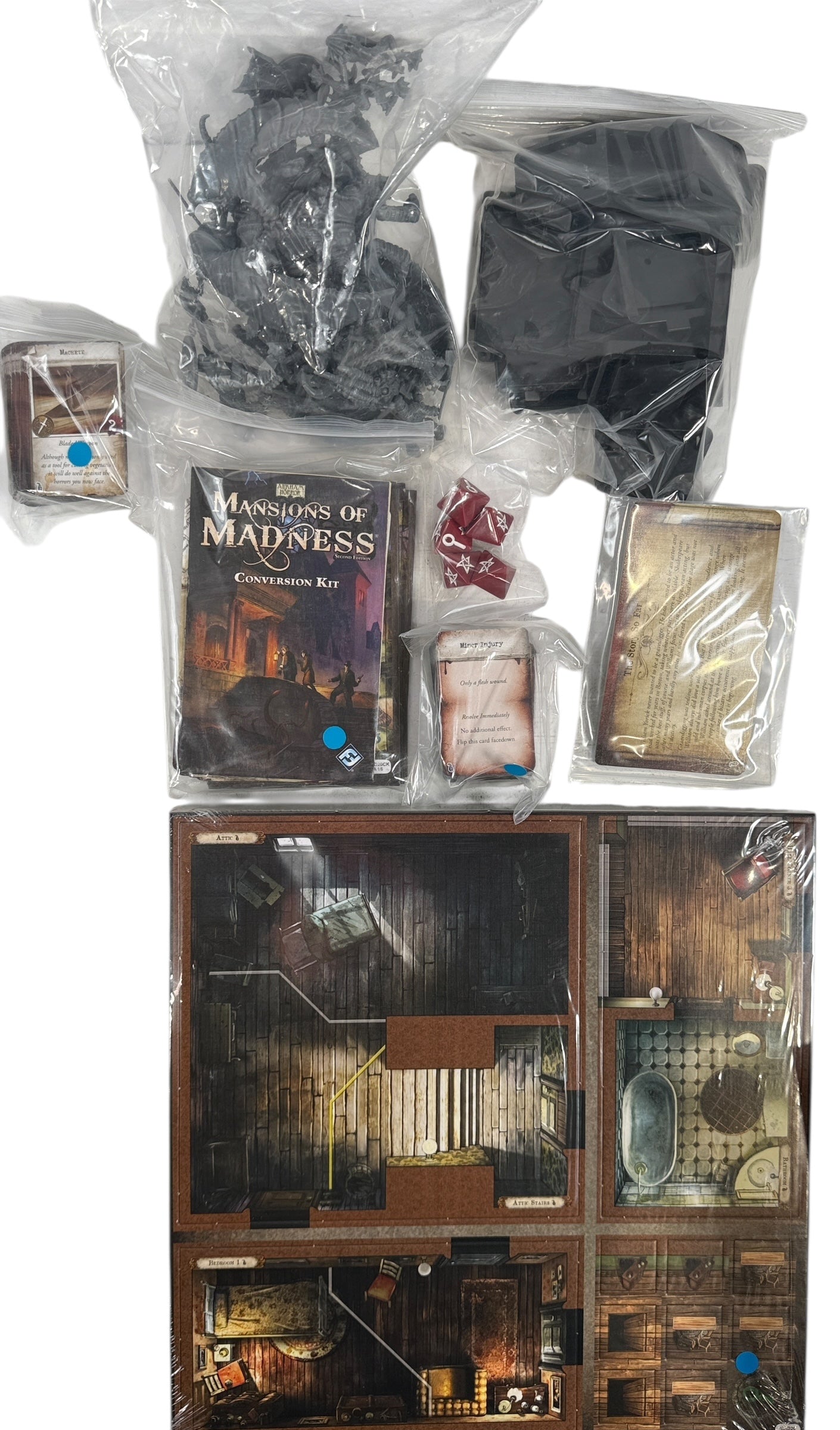 Cooperative horror board game for 1–5 players. Mansions of Madness Second Edition by Fantasy Flight, complete with tiles, minis, and rules.