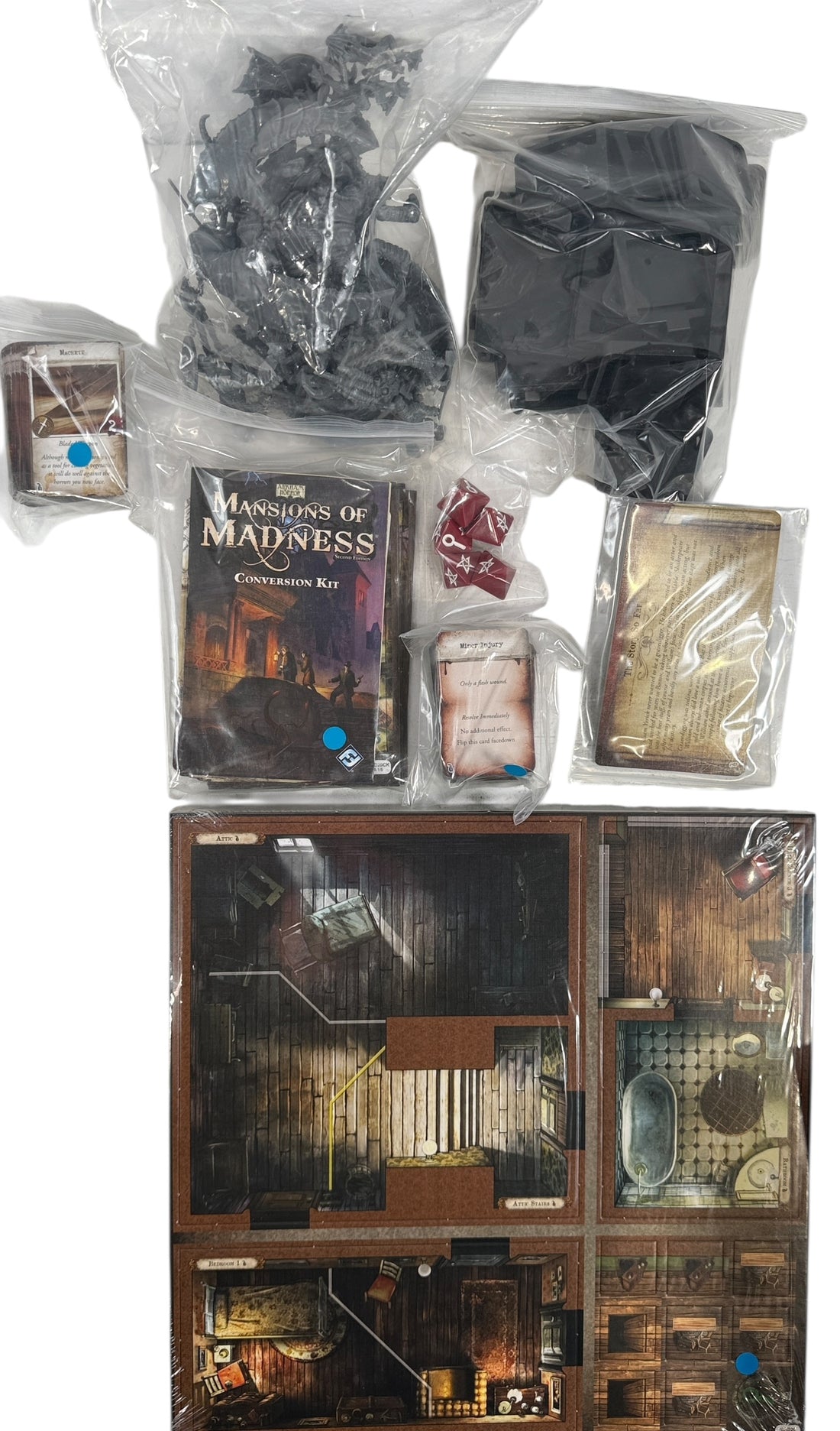 Cooperative horror board game for 1–5 players. Mansions of Madness Second Edition by Fantasy Flight, complete with tiles, minis, and rules.